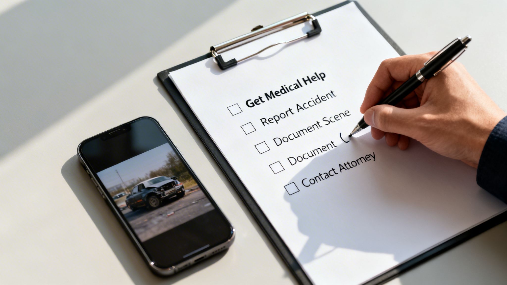 Person checking off accident claim steps on a clipboard, with a damaged car photo on a smartphone.