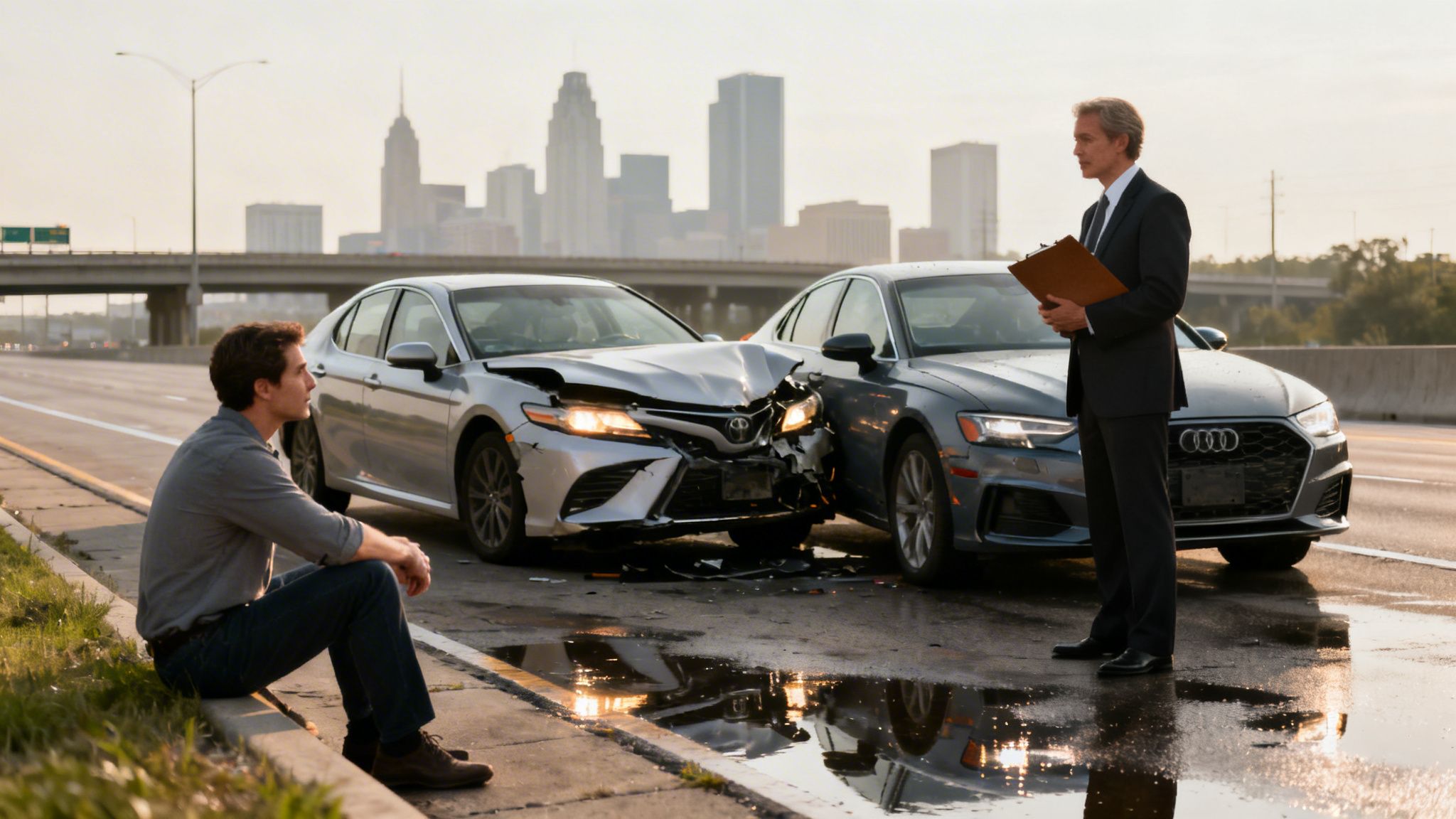 A man in a suit holds a clipboard next to two crashed cars on a highway, with another man sitting on the curb.