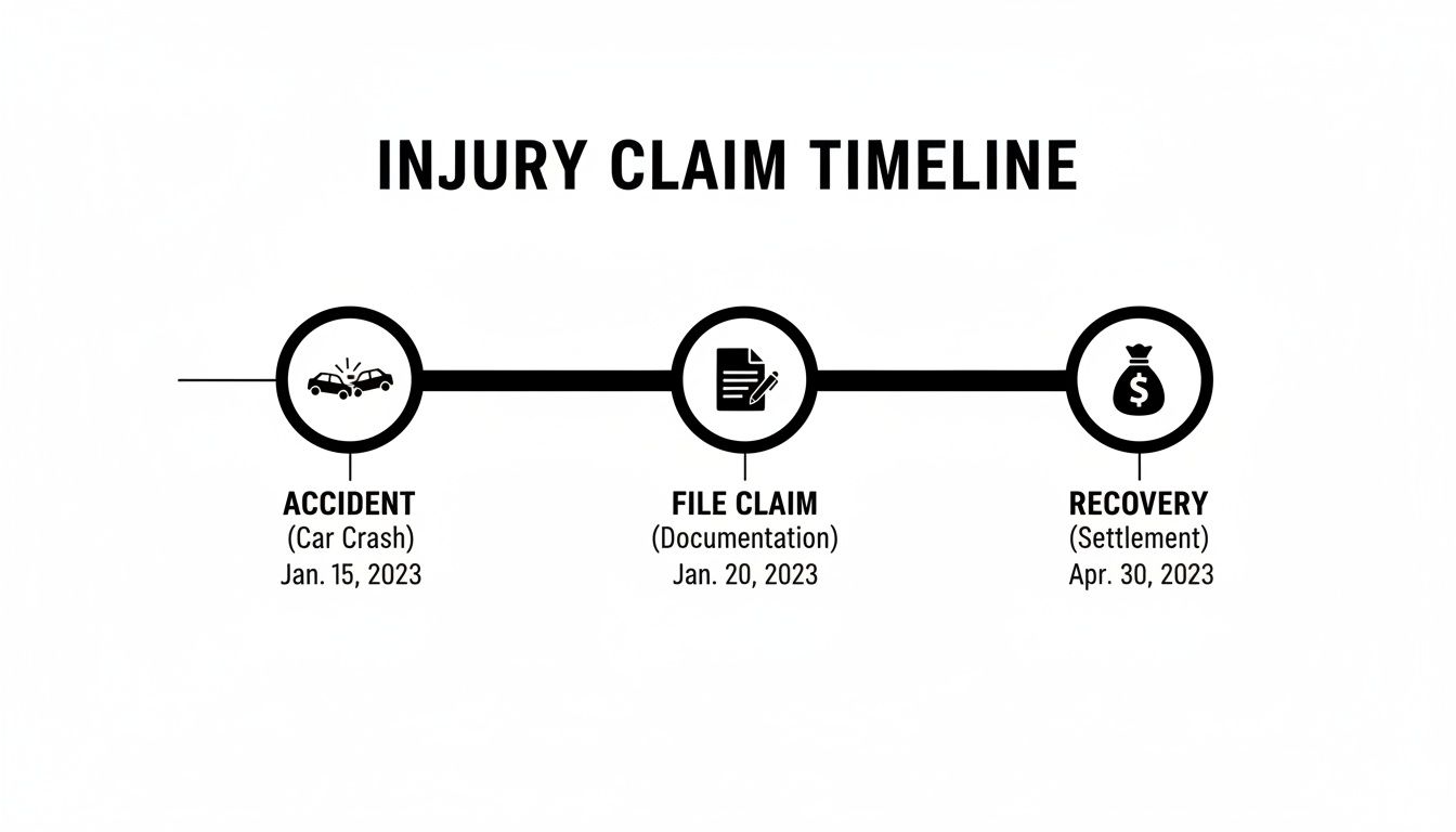 A clear timeline illustrating the key steps of an injury claim: accident, filing, and recovery.