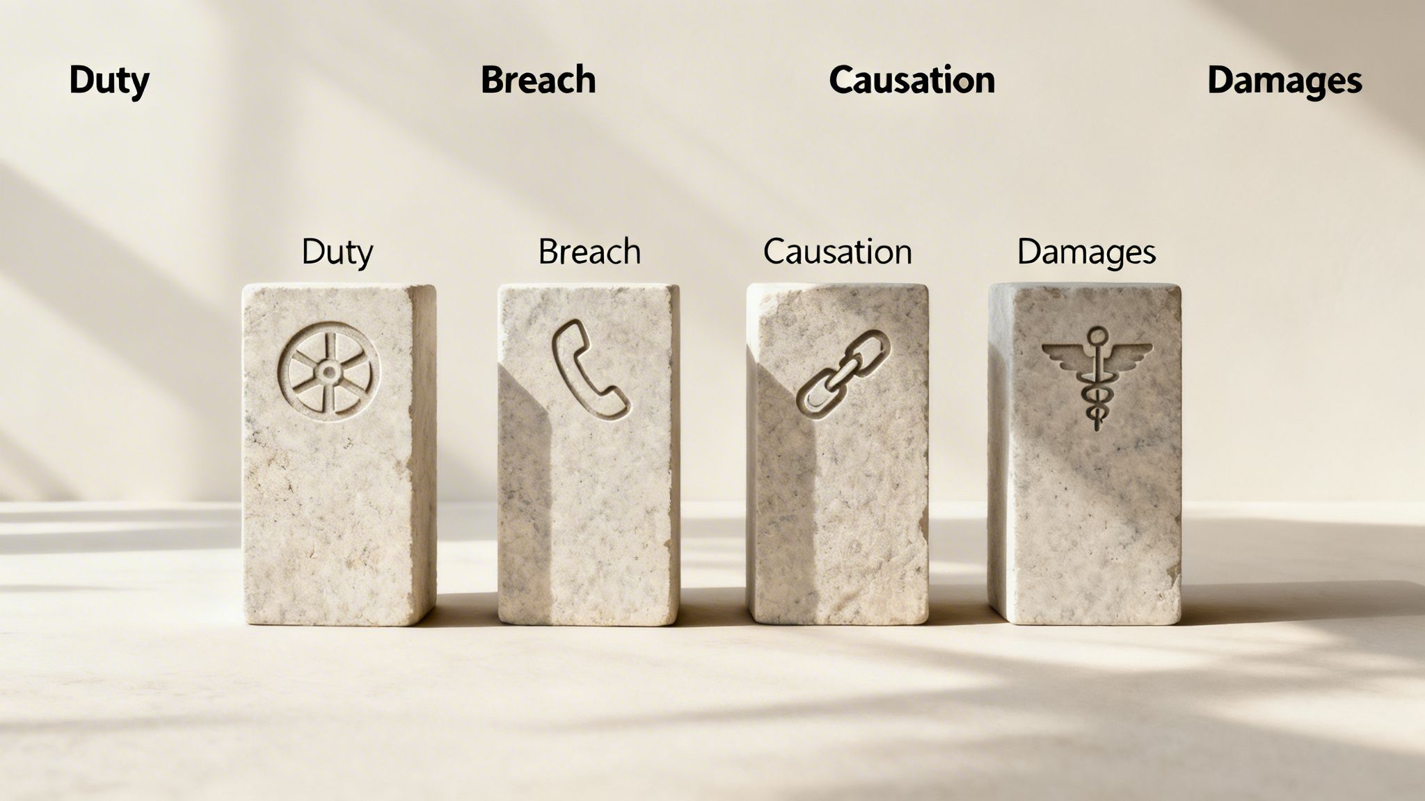Four stone blocks illustrating legal concepts of Duty, Breach, Causation, and Damages with their symbols.