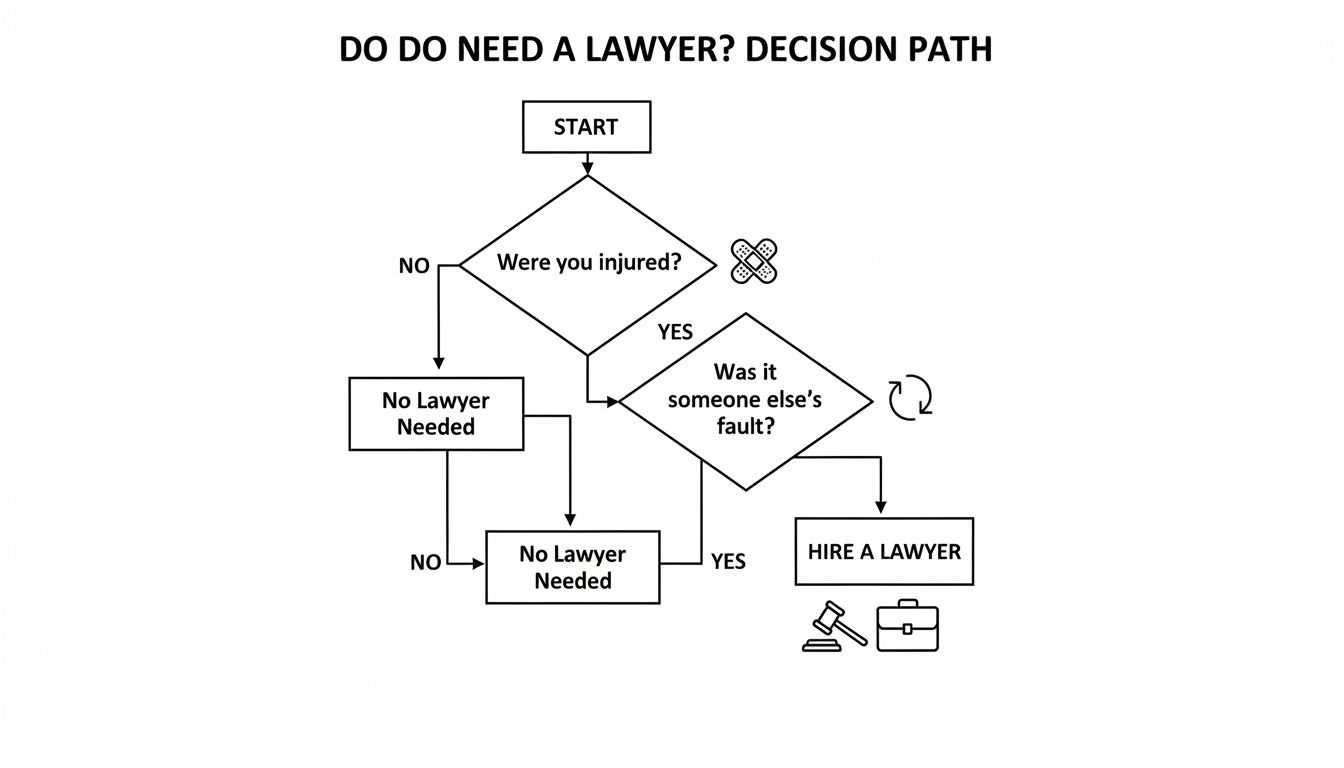 Flowchart illustrating a decision path to determine if you need a lawyer based on injury and fault.