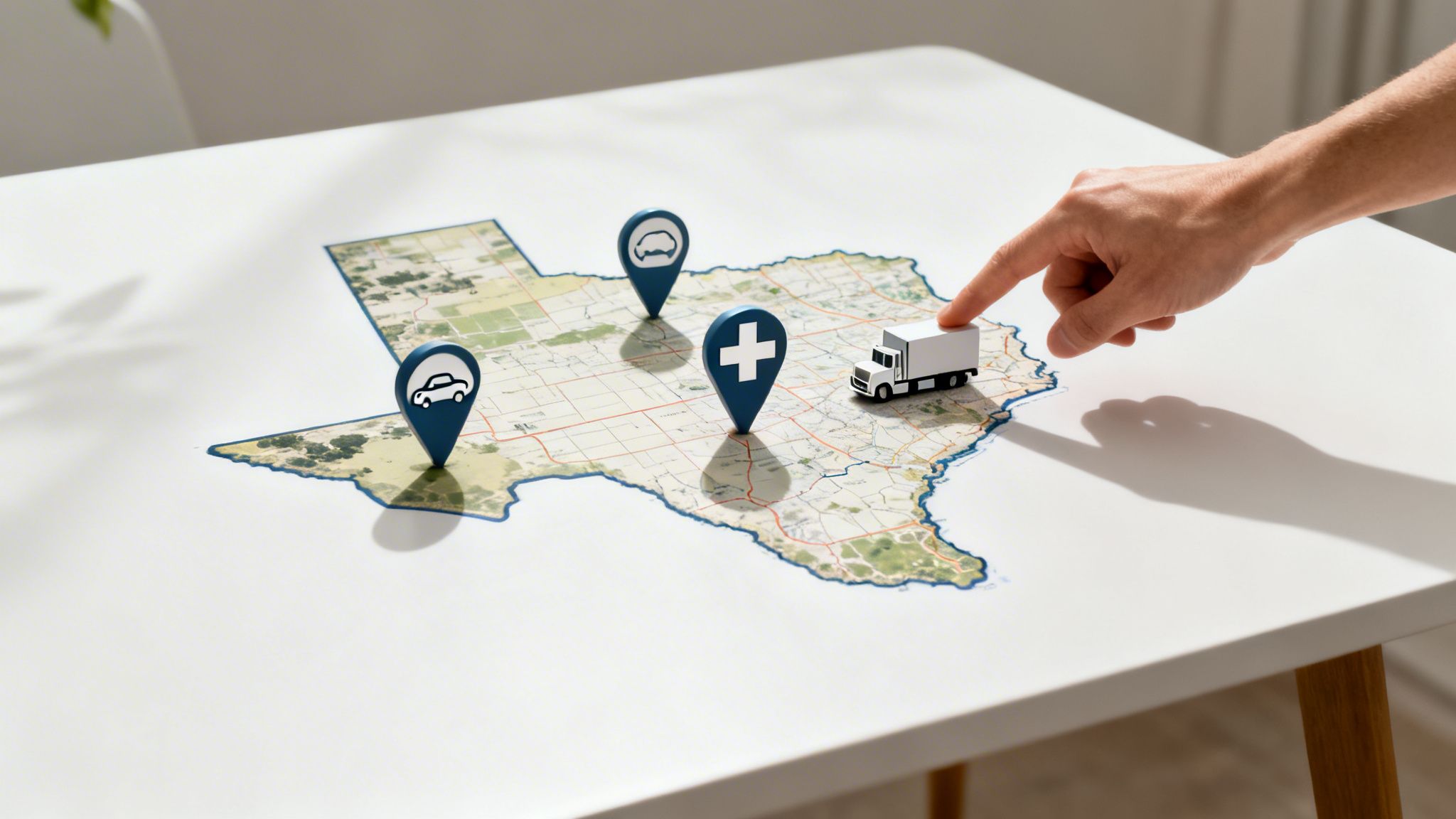 Logistics planning on a Texas map with vehicle and medical service location pins.