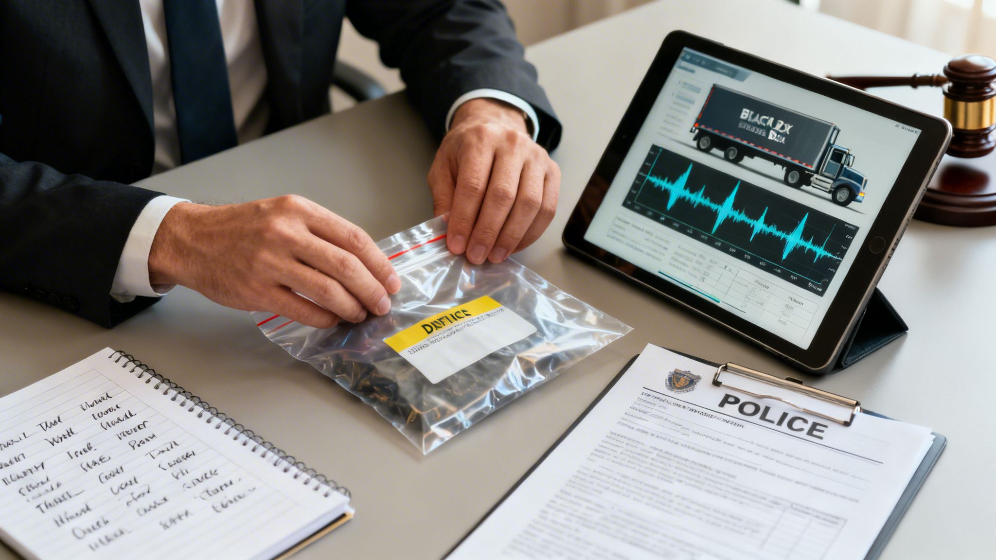 An investigator in a suit holds a plastic evidence bag, with a tablet displaying data and police documents nearby.