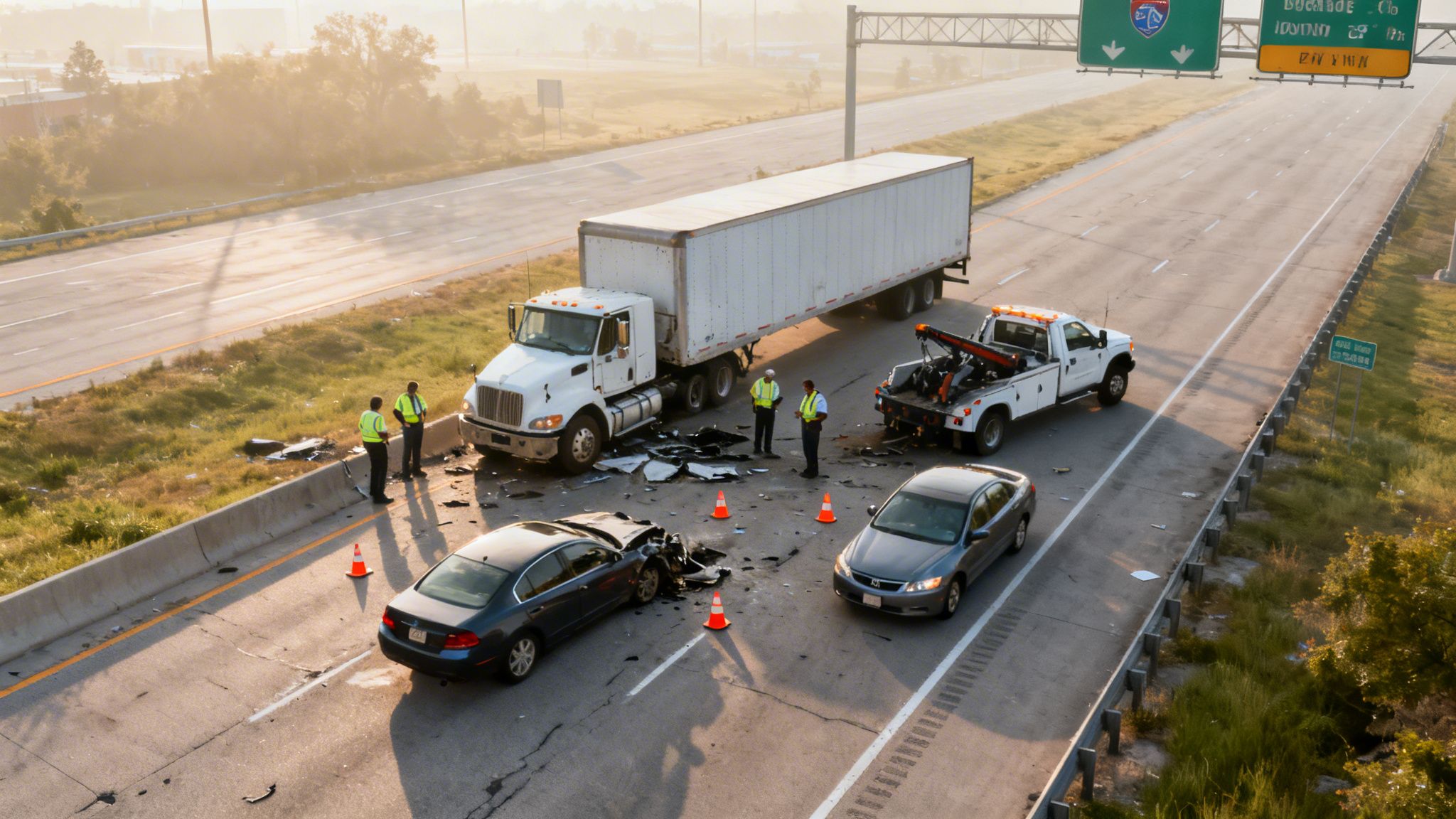 Aerial view of a multi-vehicle highway accident scene with a semi-truck, two cars, and a tow truck.