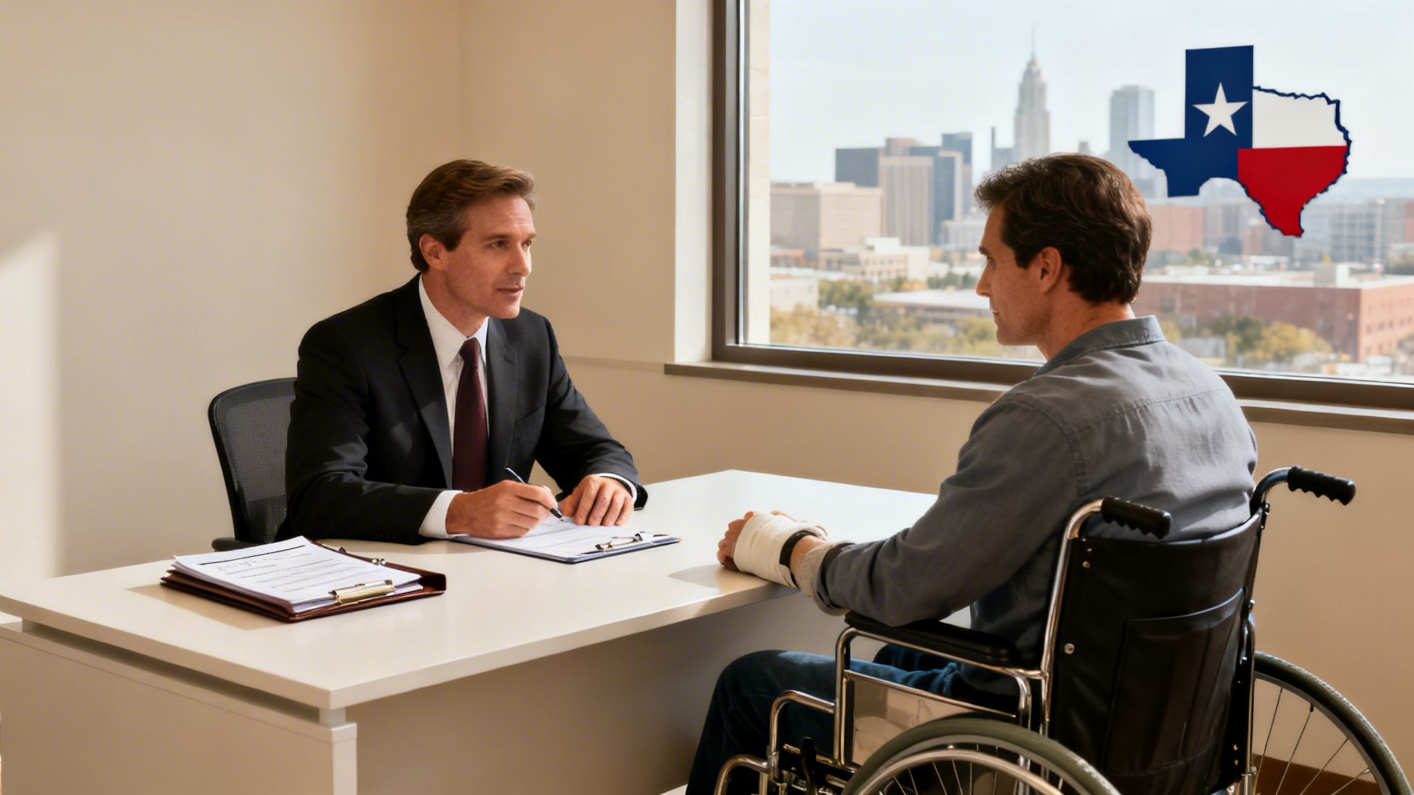 A lawyer consults with a man in a wheelchair with a bandaged arm in a Texas office.