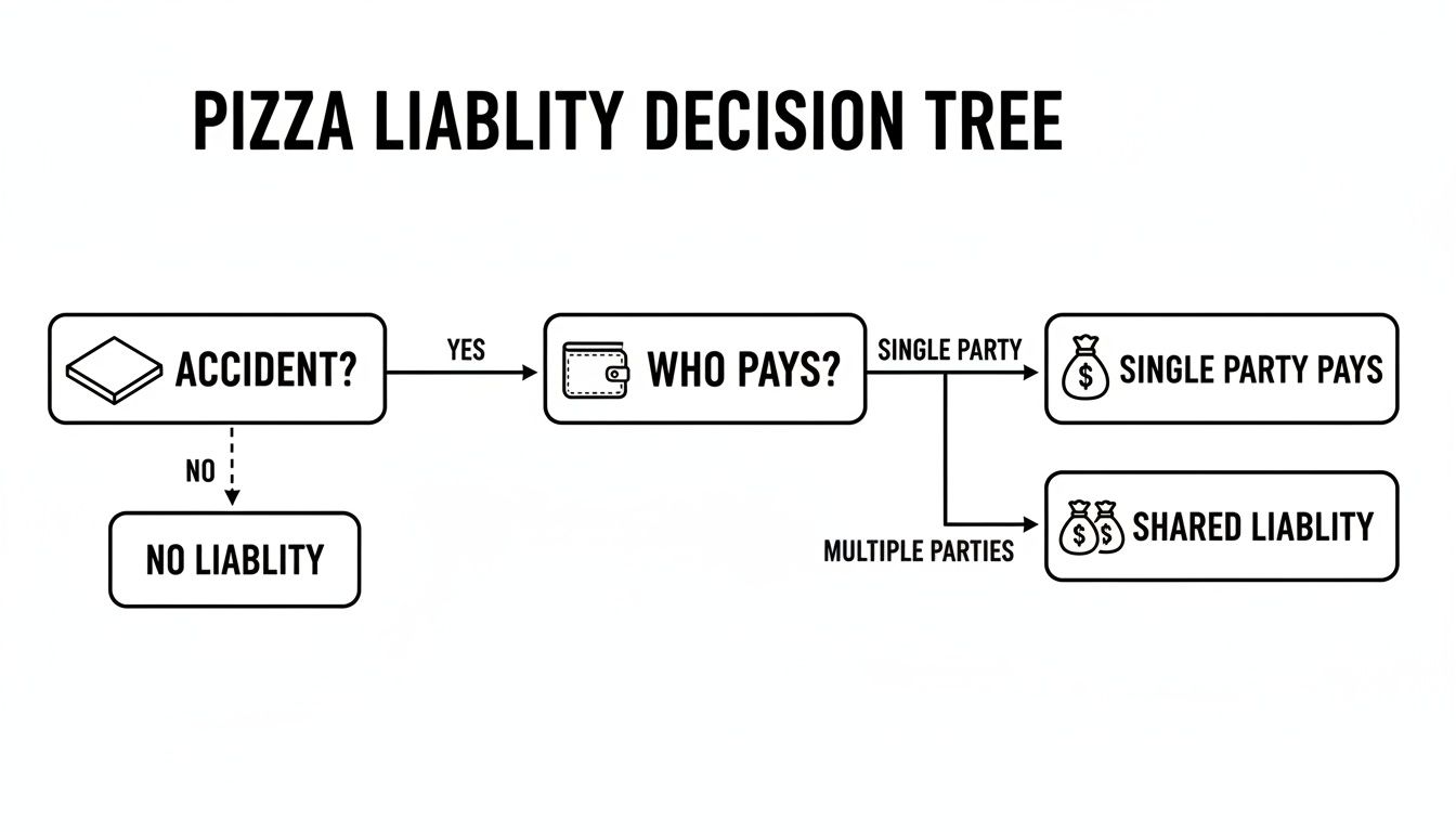 Decision tree illustrating pizza liability, showing paths for accidents leading to single party or shared liability, or no liability.