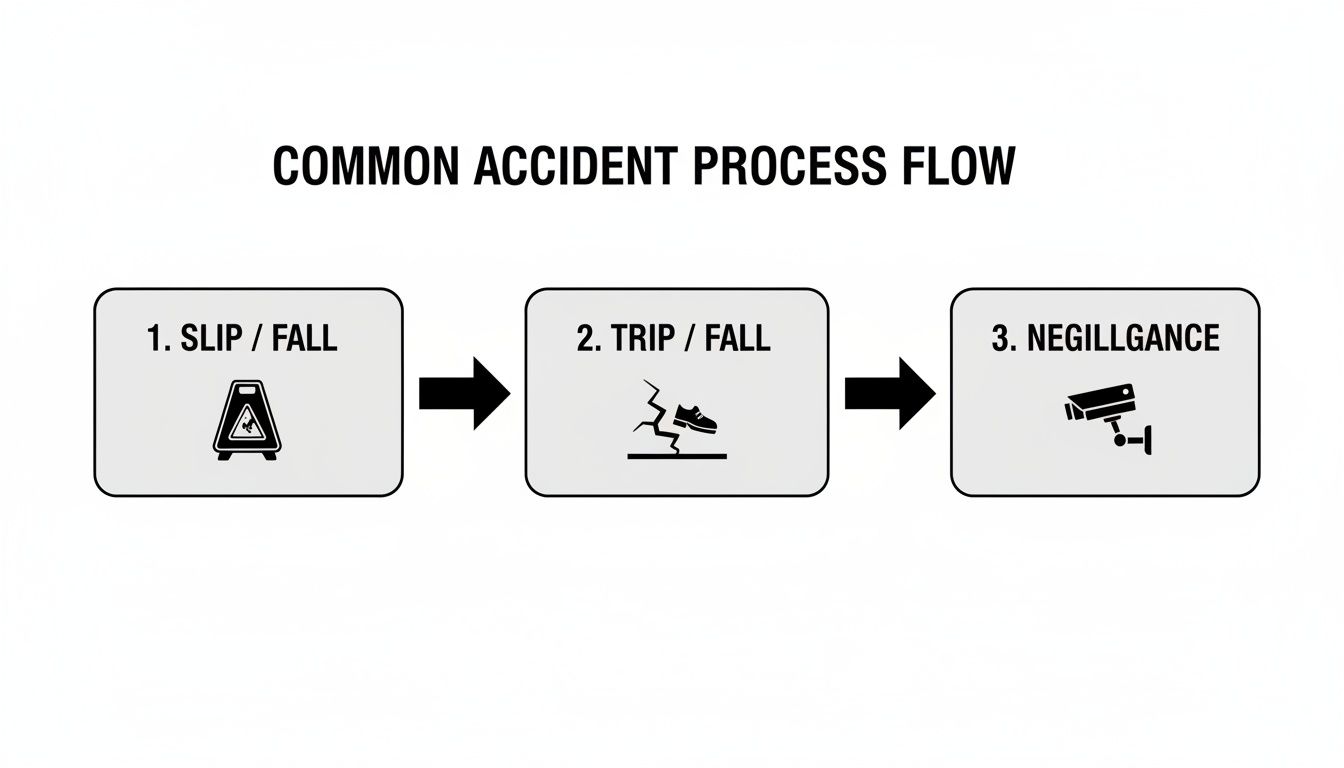 Flowchart illustrating common accident process types: slip/fall, trip/fall, and negligence, with corresponding icons.