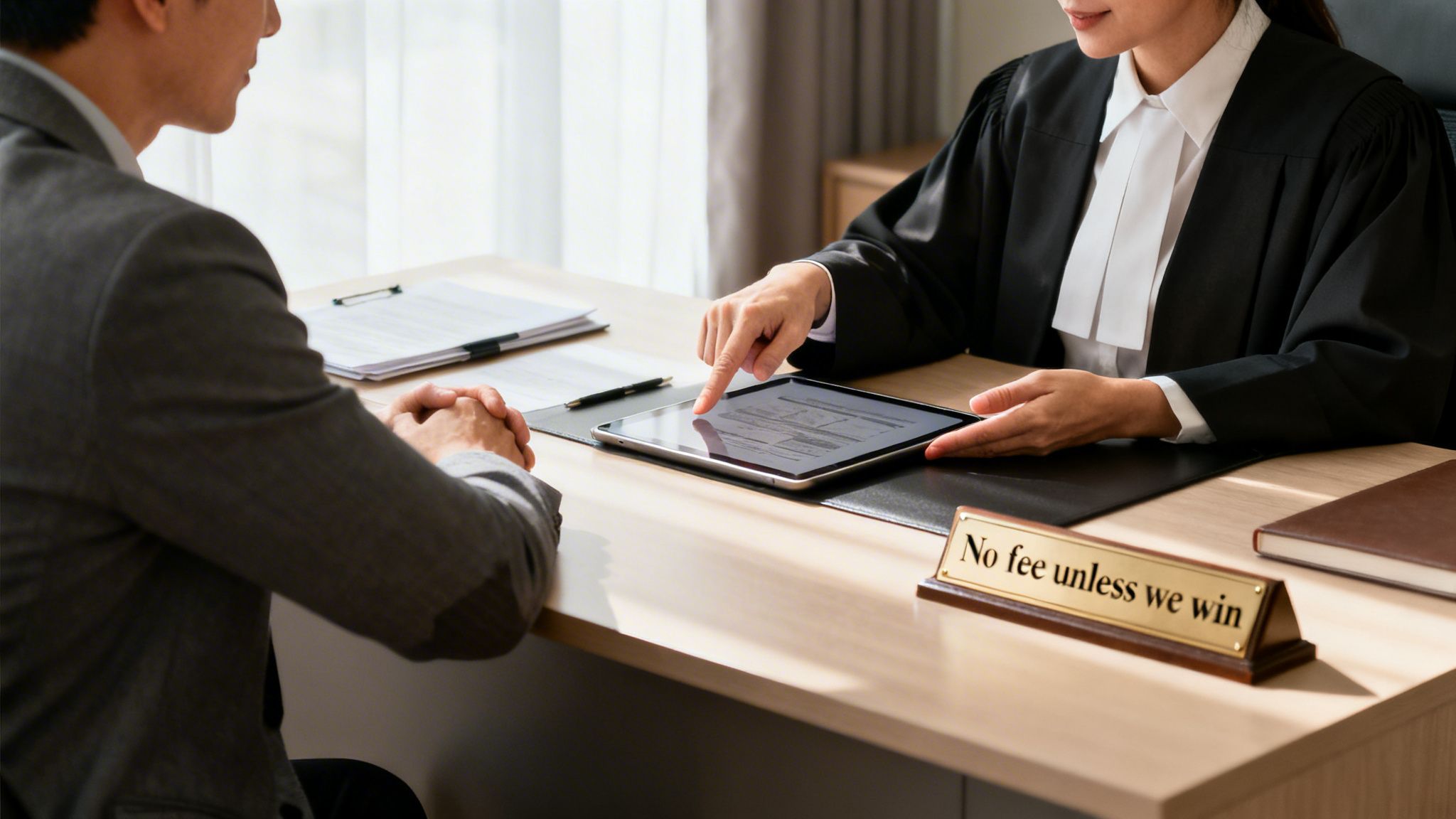 A female lawyer in a robe points to a tablet while consulting with a male client, with a 'no fee' sign visible.