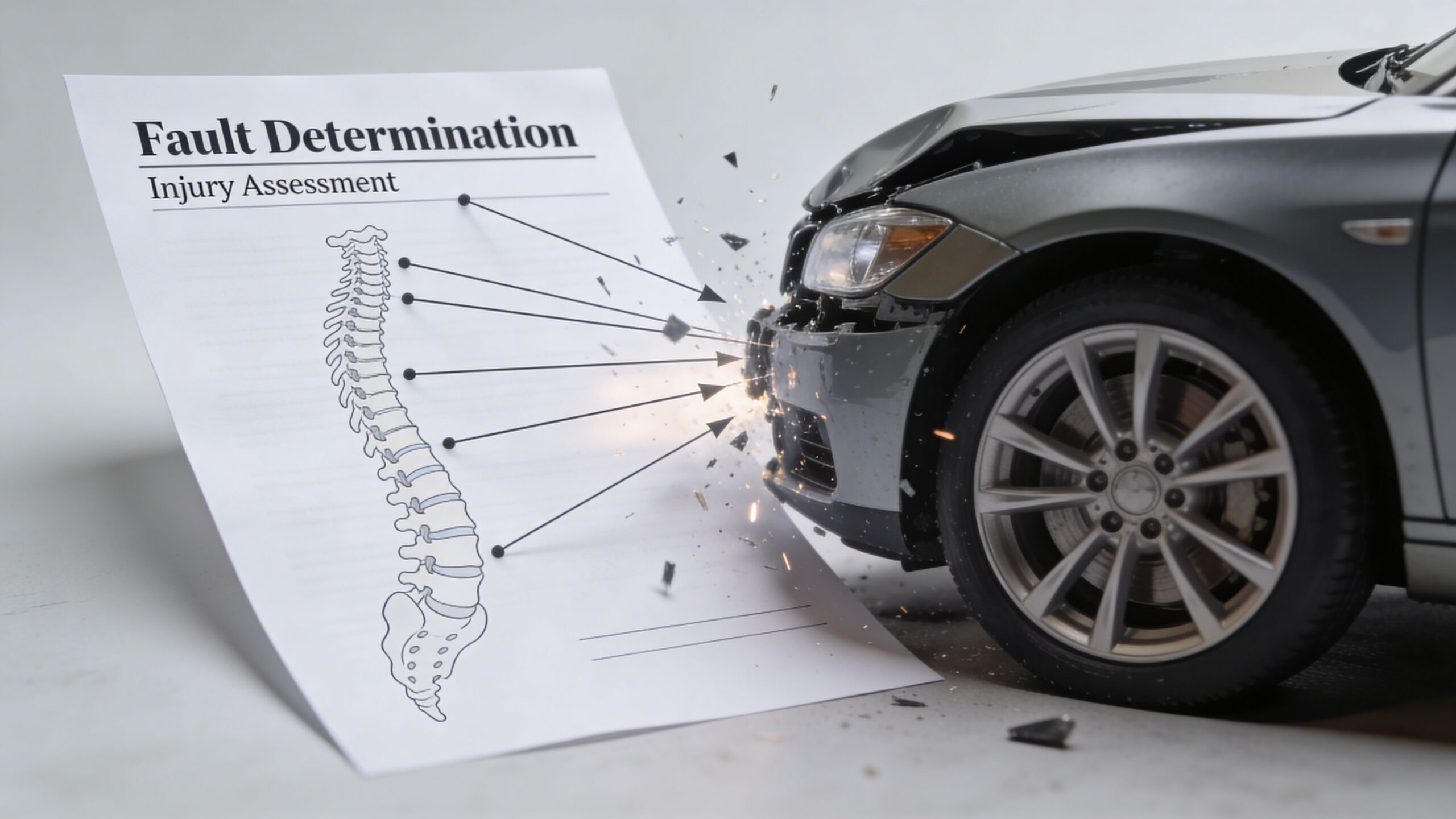 A conceptual image showing a document about car crash injuries connecting directly to a damaged vehicle.