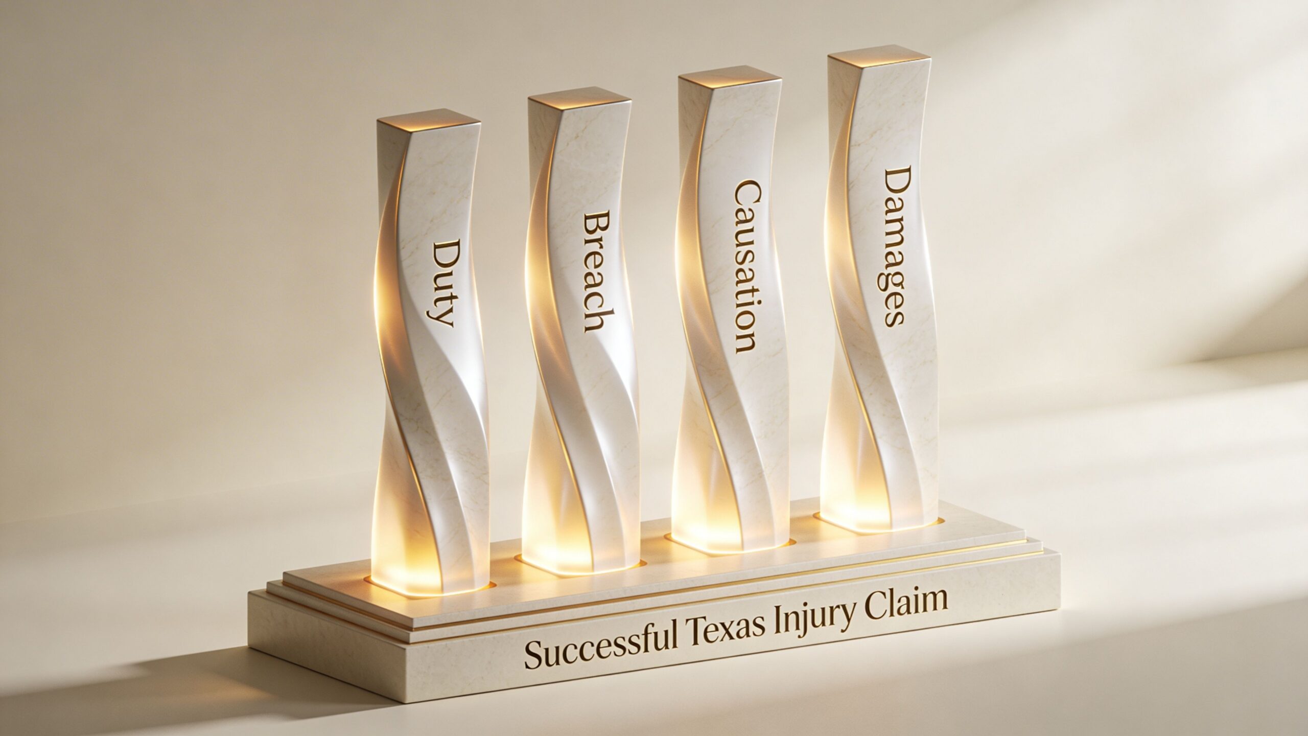 Four illuminated marble pillars representing the legal elements of a successful Texas personal injury claim.