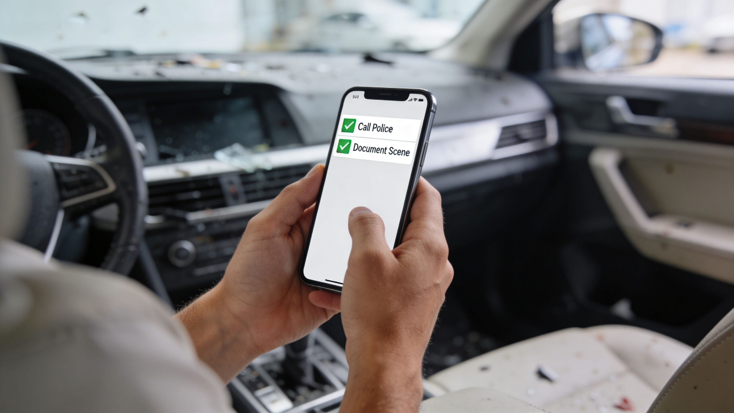 A person sitting inside a damaged vehicle holding a smartphone showing a checklist after a car accident.