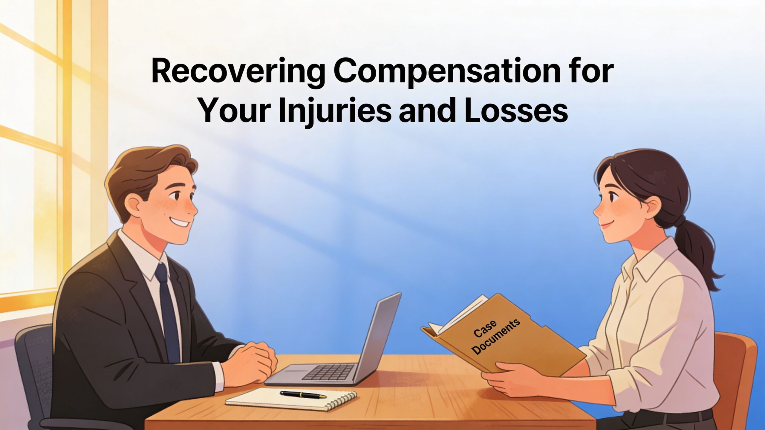 A professional man in a suit talking to a woman holding a file labeled case documents.