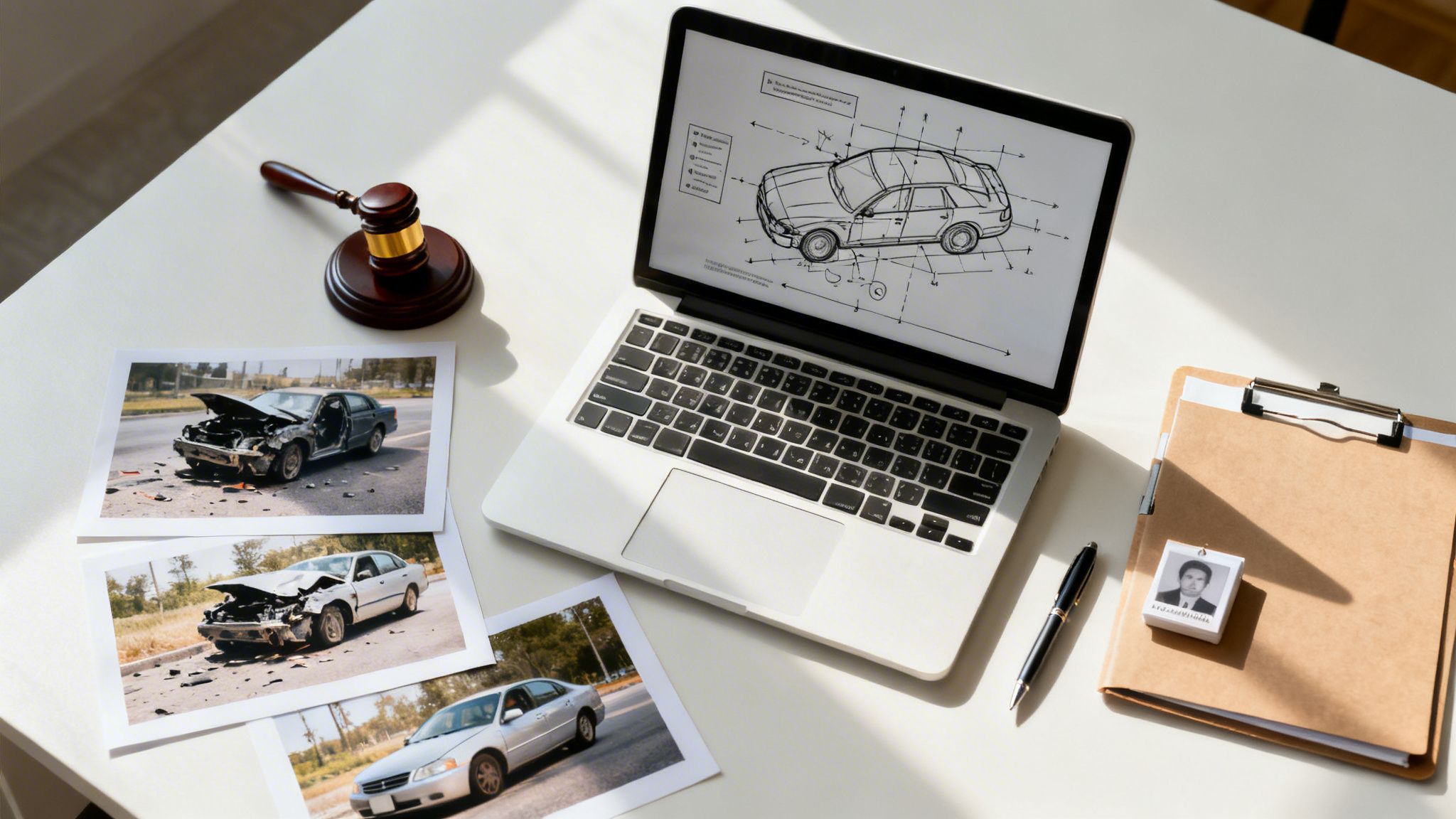 Desk with laptop displaying car diagram, accident photos, gavel, and documents for legal case.