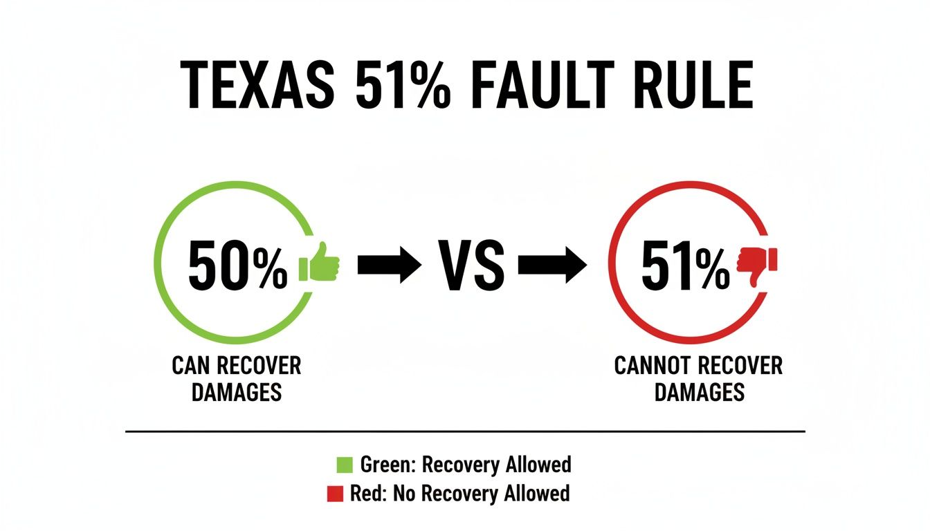 Infographic explaining Texas 51% Fault Rule: 50% fault allows damage recovery, 51% fault does not.