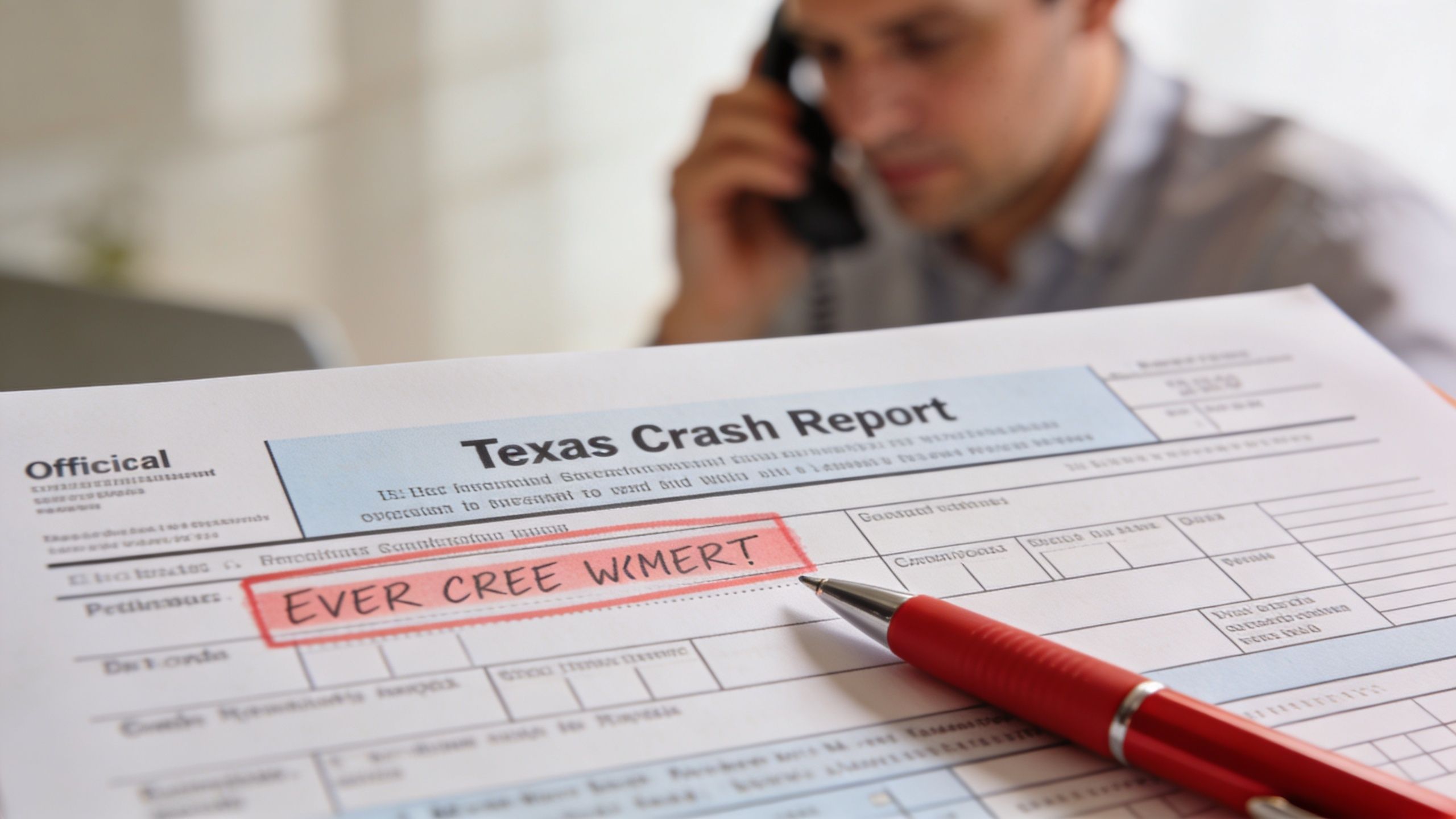 A document titled Texas Crash Report with handwritten text inside a red border next to a pen.