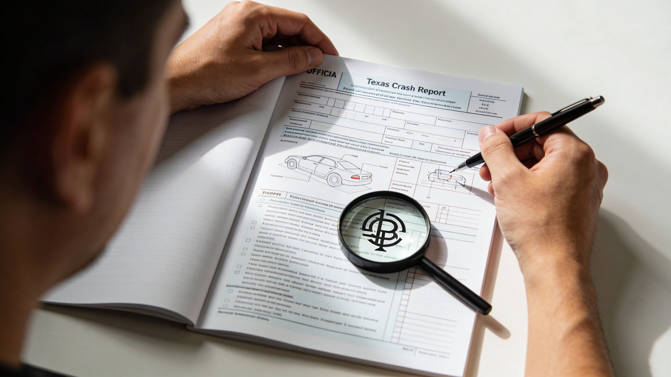 A person reviewing a Texas Crash Report document with a magnifying glass and a pen in hand.