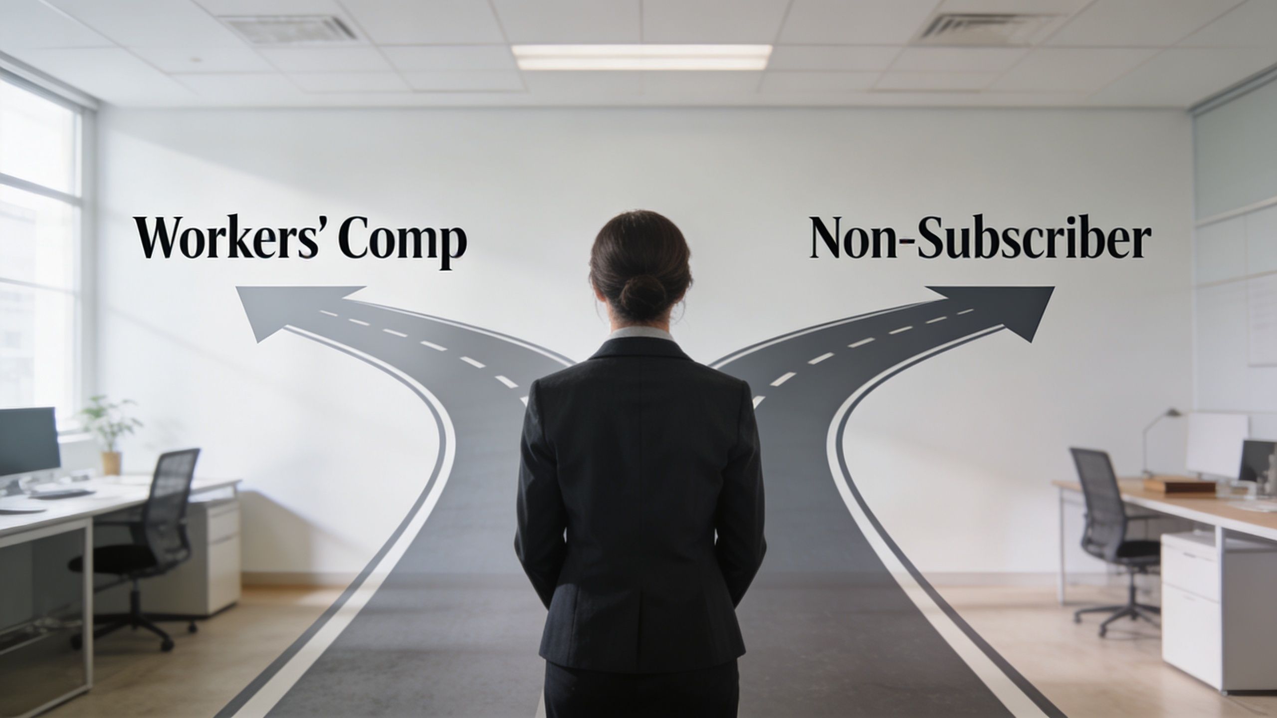 A businesswoman standing in an office choosing between Workers' Comp and Non-Subscriber options on a path.