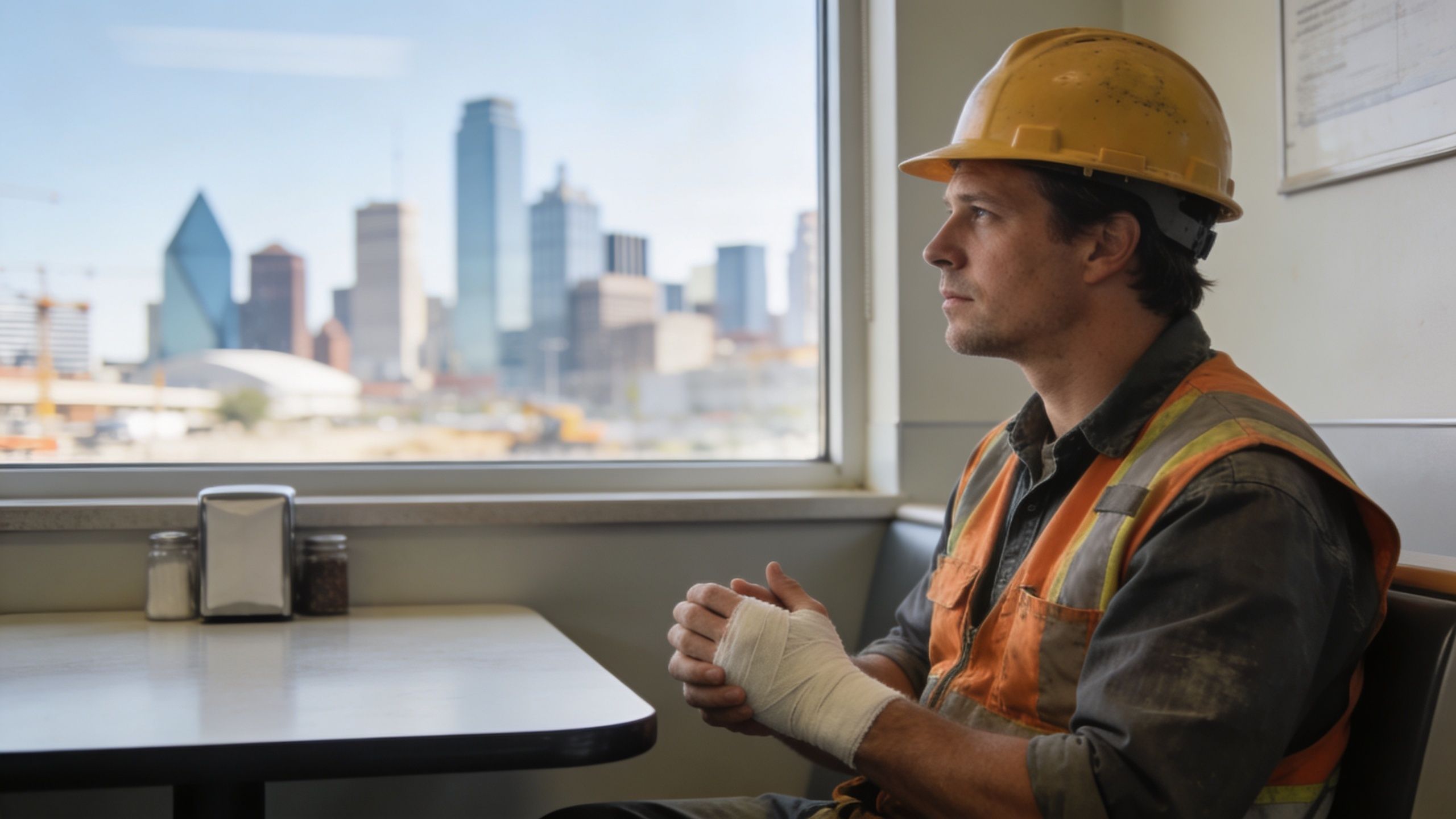 A construction worker with a bandaged hand sitting alone at a diner overlooking the Dallas skyline.