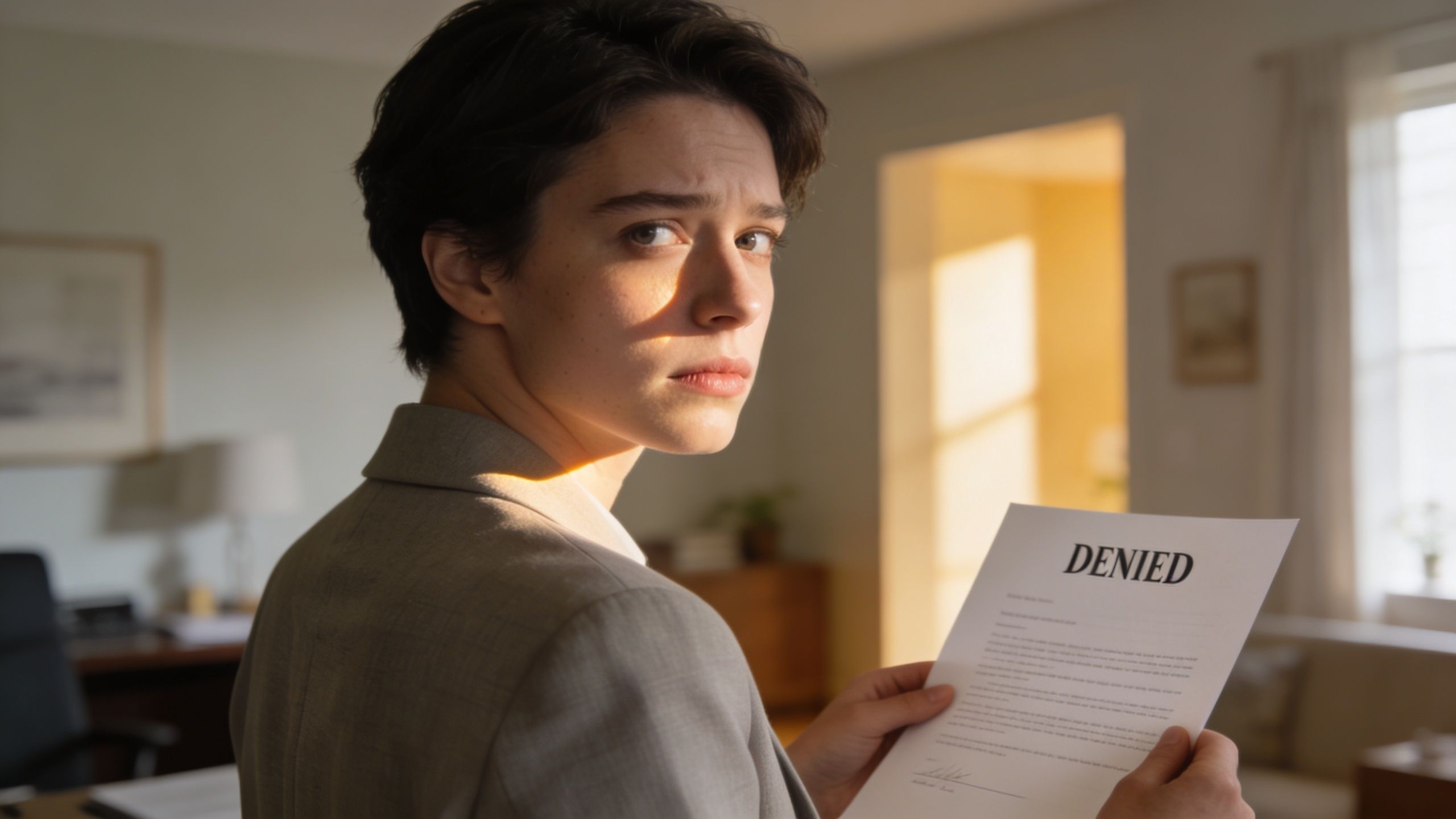 A young woman with short hair holding a document labeled denied while looking back with concern.