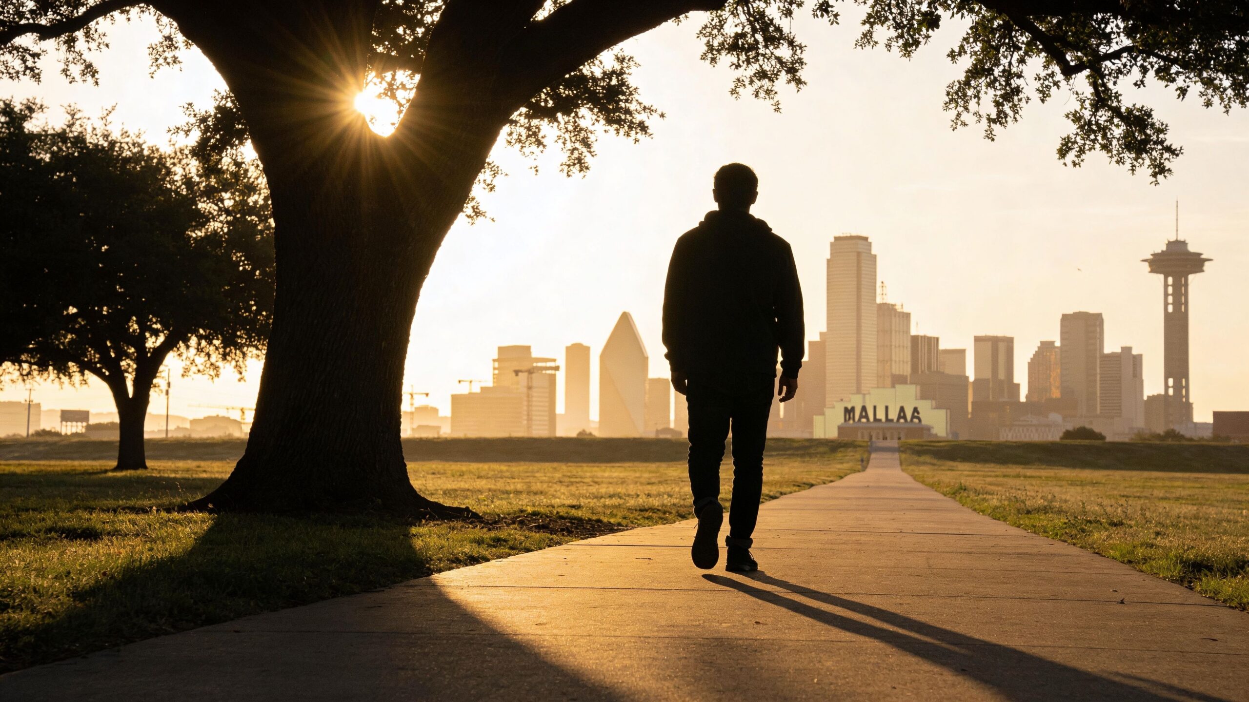 A silhouette of a man walking on a pathway towards the Dallas city skyline during sunset.