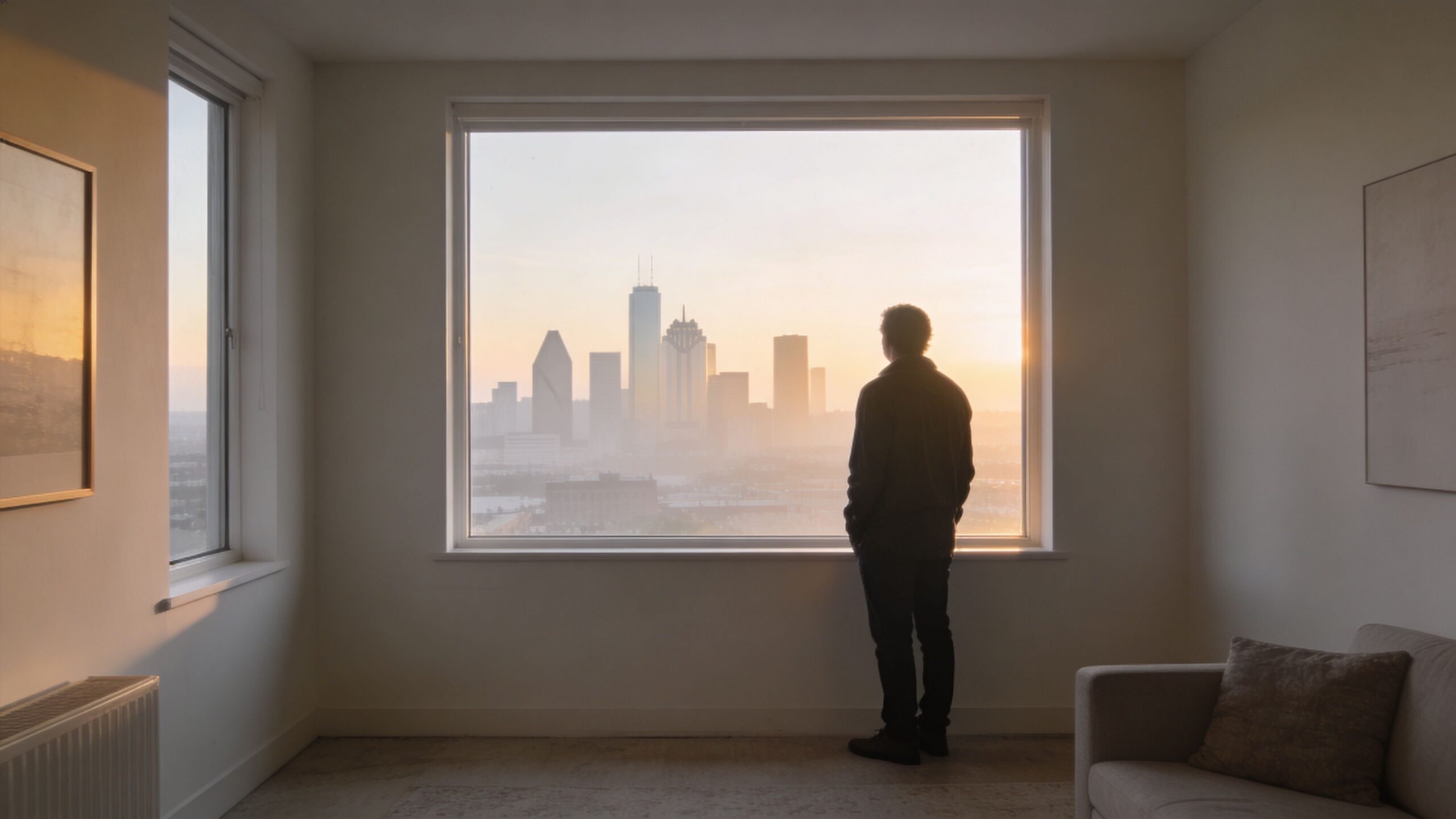 A person stands in a quiet room looking out a large window at the Dallas city skyline.