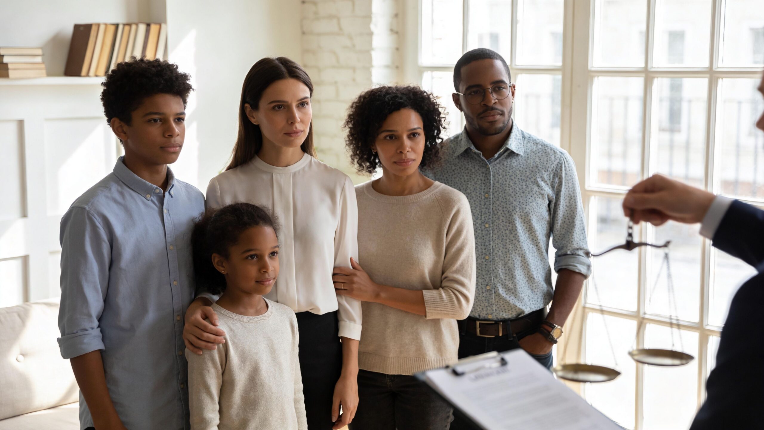 A diverse family meets with a professional attorney to discuss legal matters in an office setting.