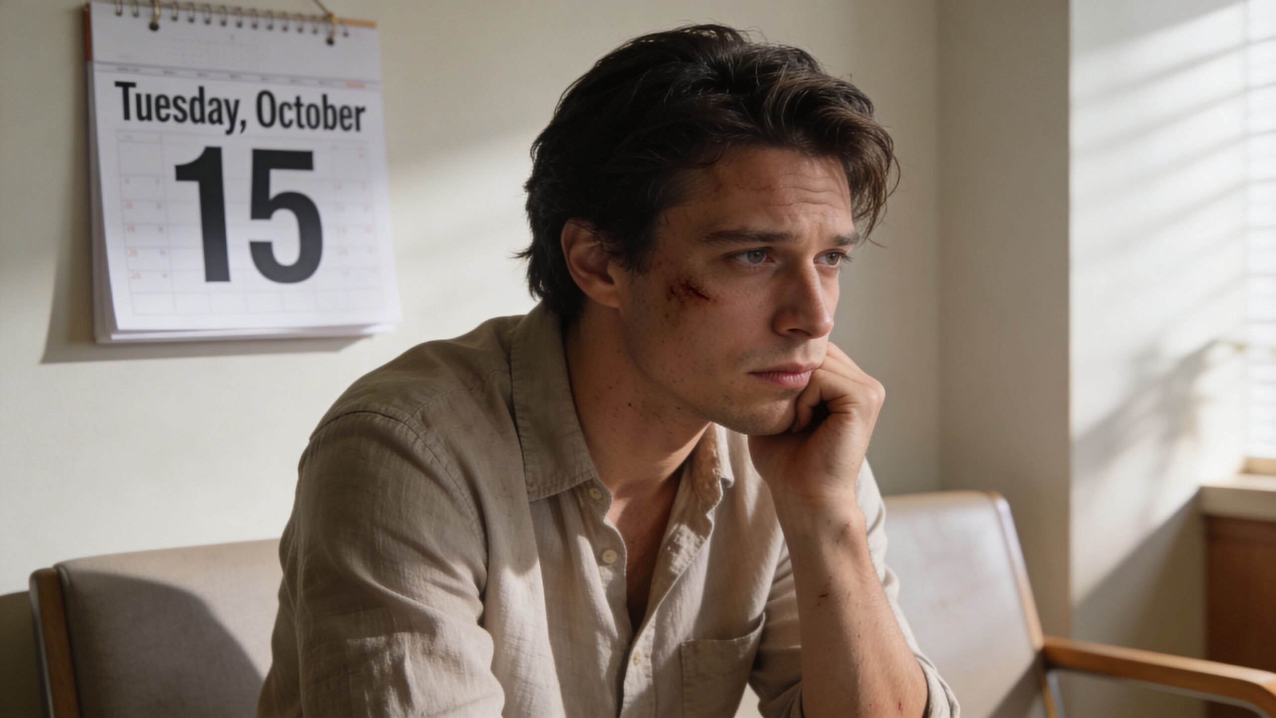 A young man with facial injuries sitting thoughtfully, appearing distressed after being involved in a car accident.