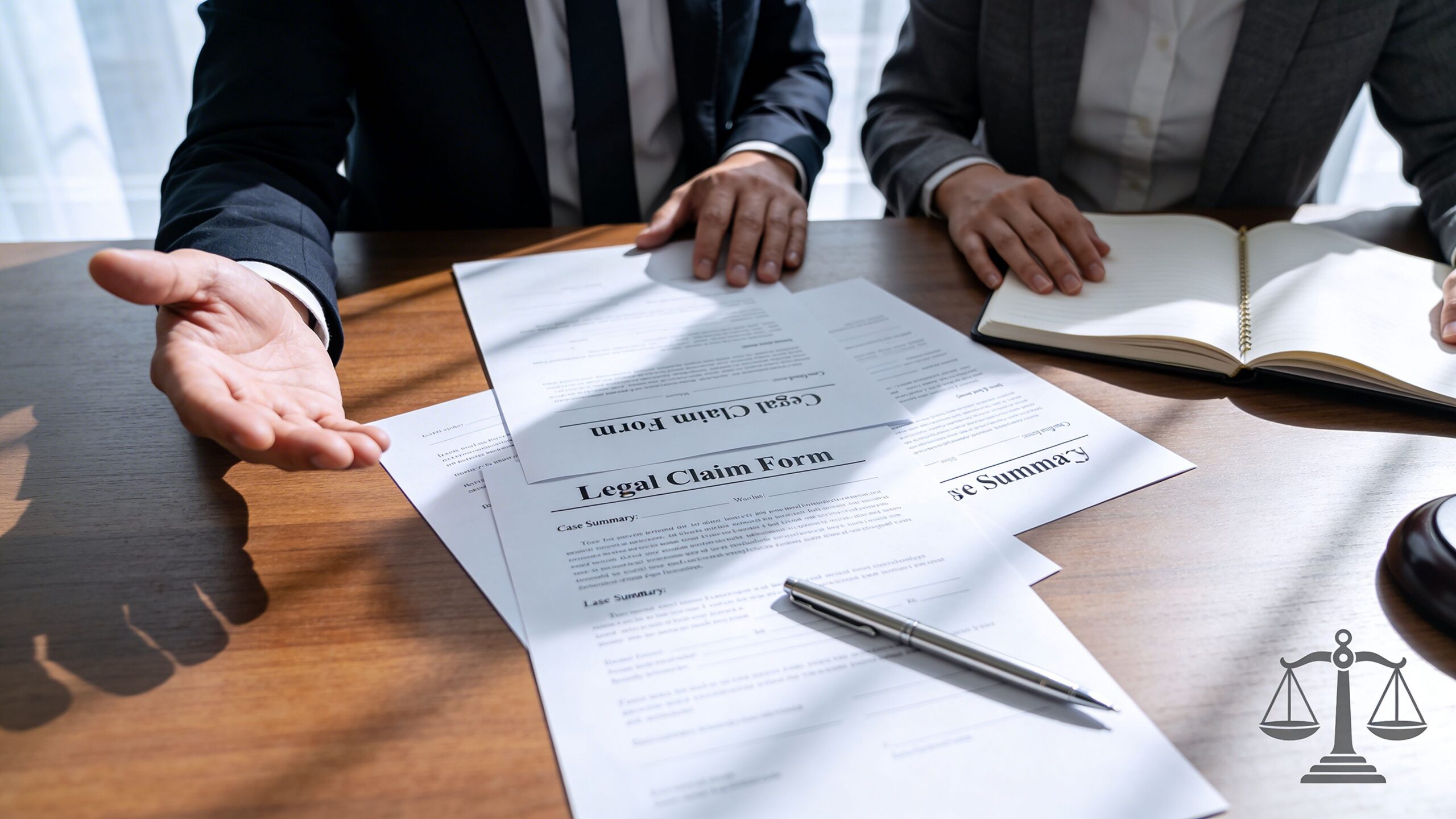 A lawyer presenting a legal claim form to a client during a formal consultation at a desk.