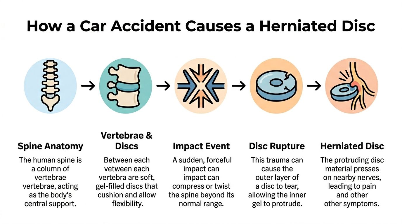 An educational infographic illustrating the step-by-step process of how a car accident causes a herniated disc.