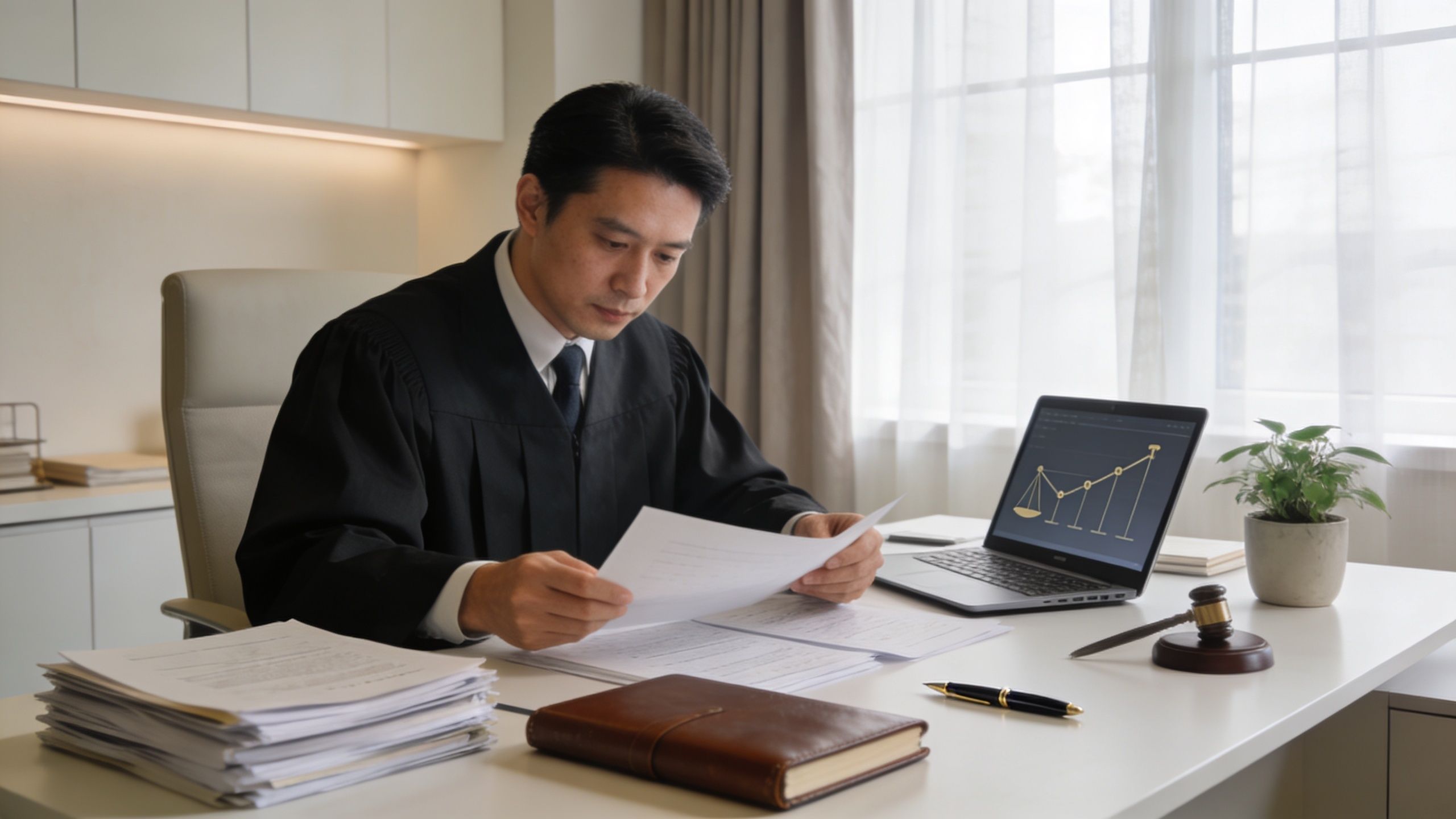 A professional judge wearing a black robe reviewing legal documents at his desk in a courtroom office.