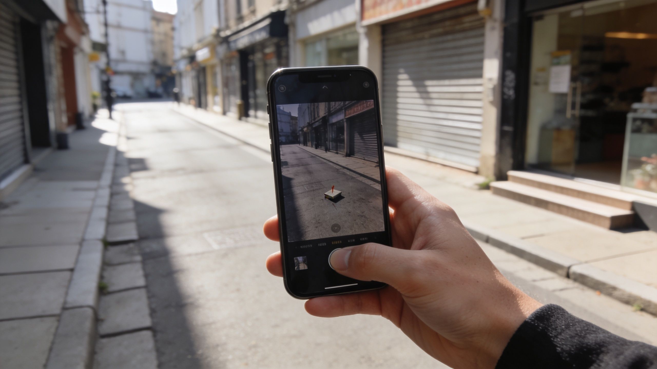 A person holding a smartphone on a city street to use augmented reality navigation features.