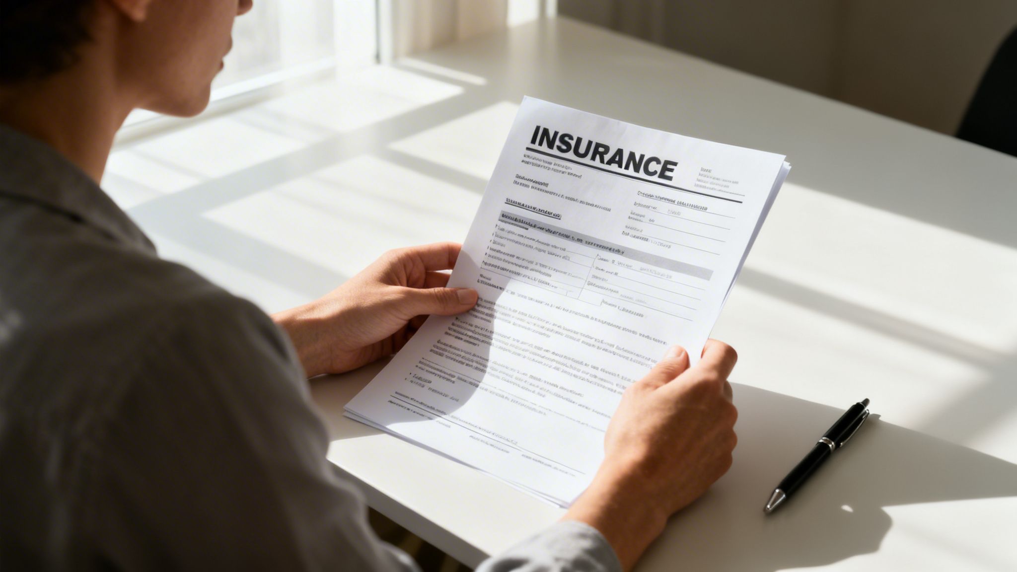 A person in a gray shirt reviewing an insurance document while sitting at a white desk.