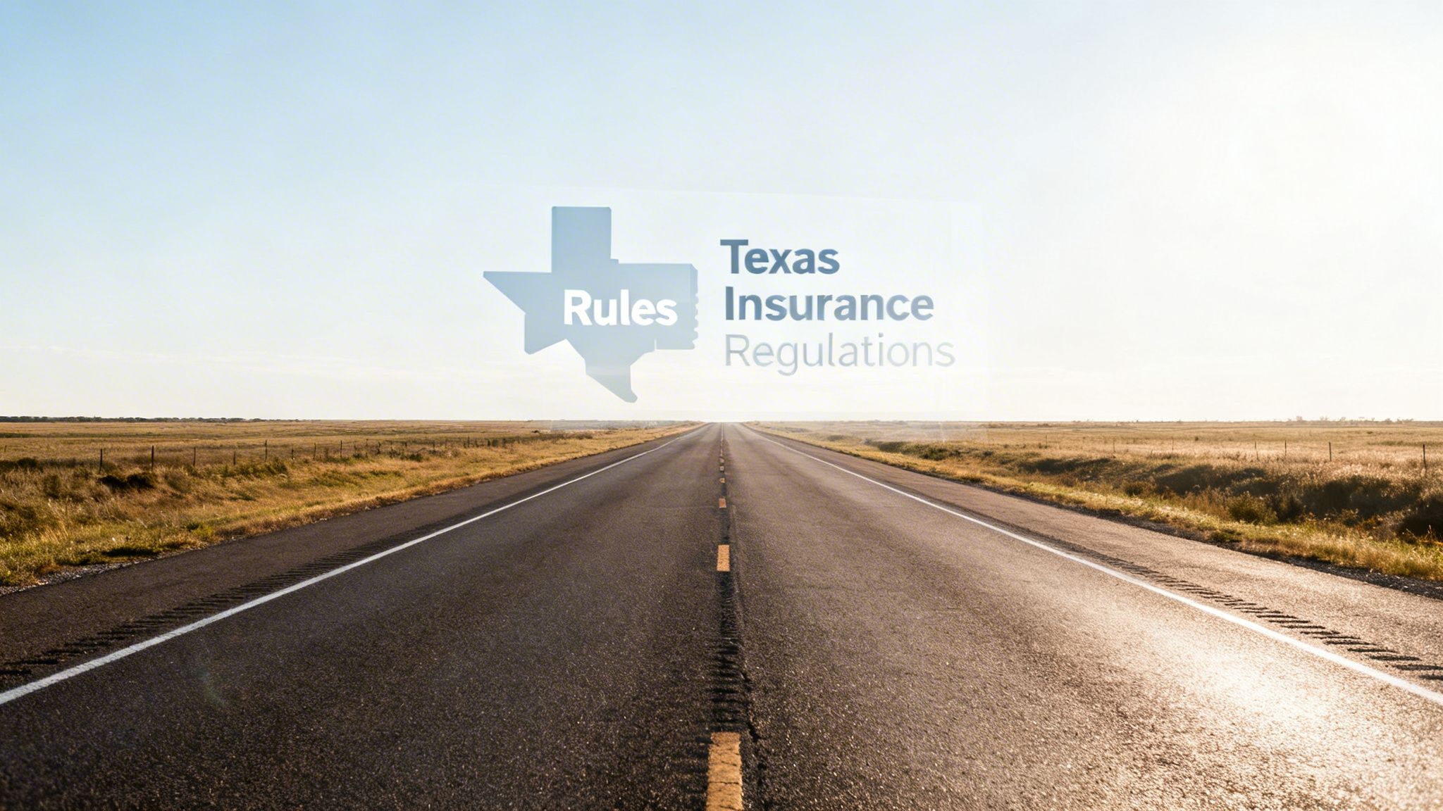 A scenic, open road stretches towards the horizon under a bright sky with Texas insurance regulations overlay.