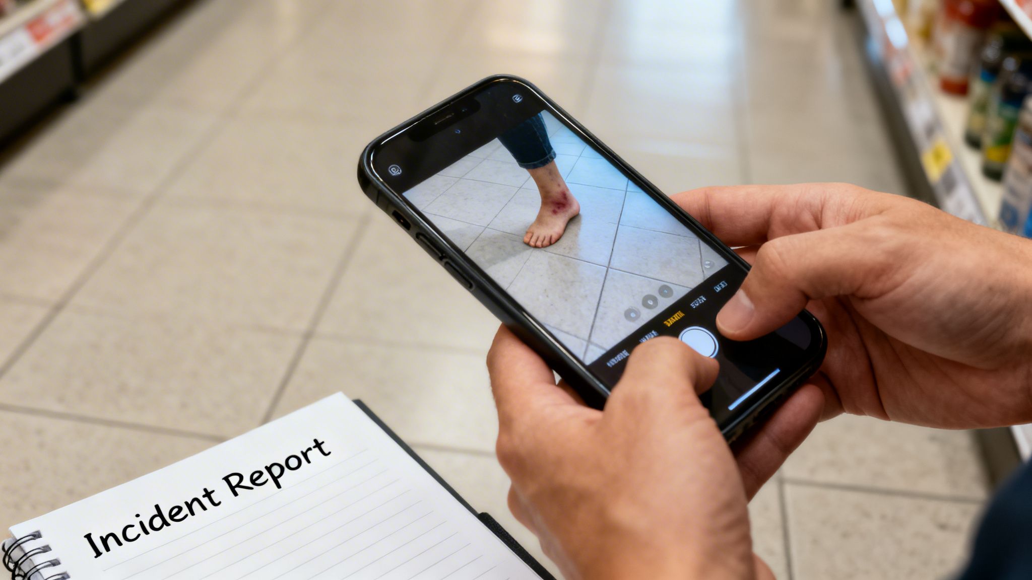 Person using a smartphone to photograph an injured bare foot on a tiled floor, next to an incident report notebook.