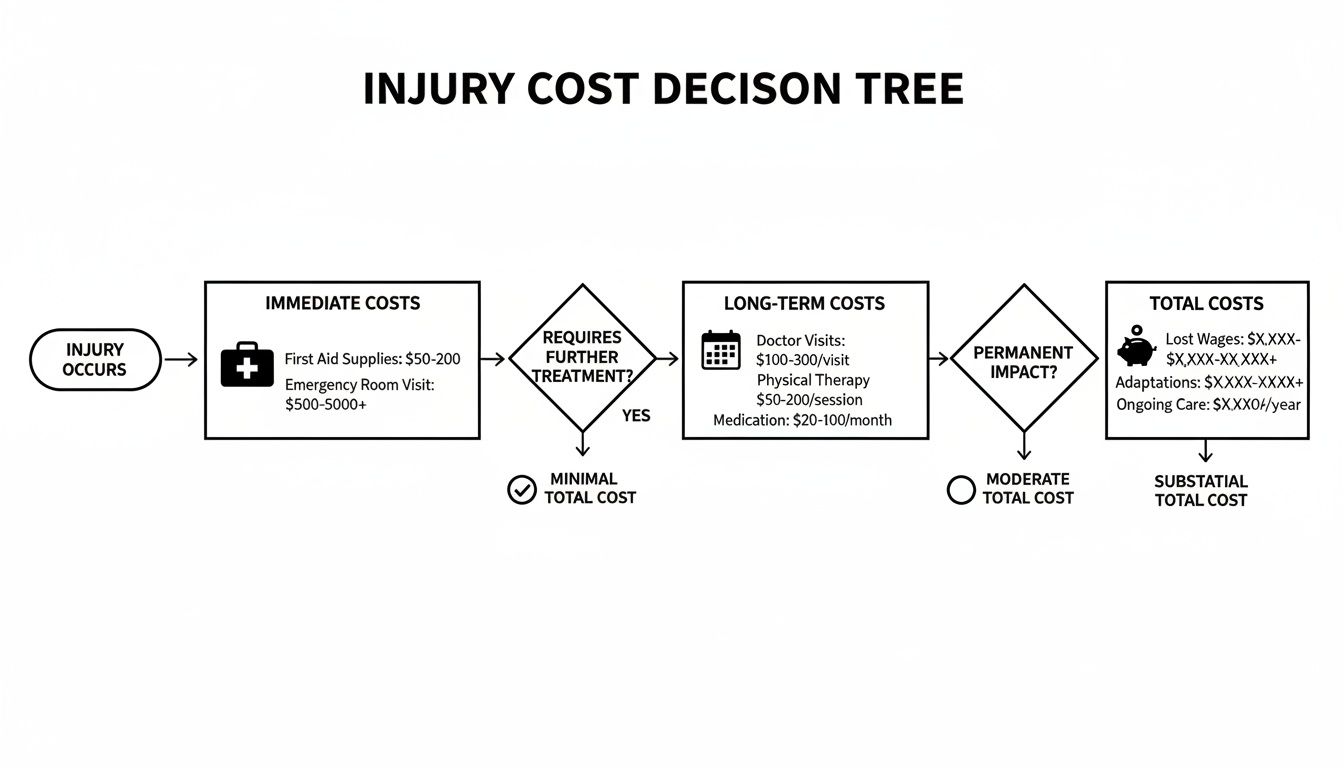 Decision tree illustrating injury costs: immediate, long-term, and total, categorized by impact.