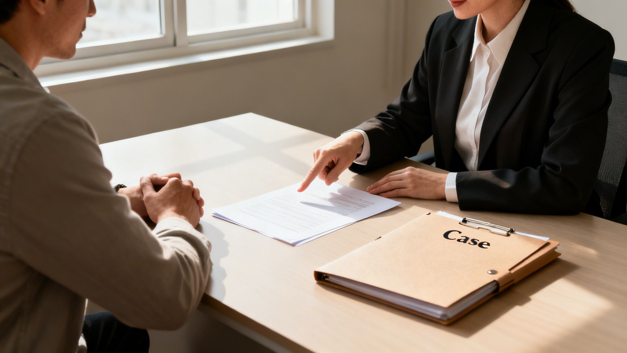 Lawyer in a suit points to a document during a consultation with a client, a 'Case' file visible.