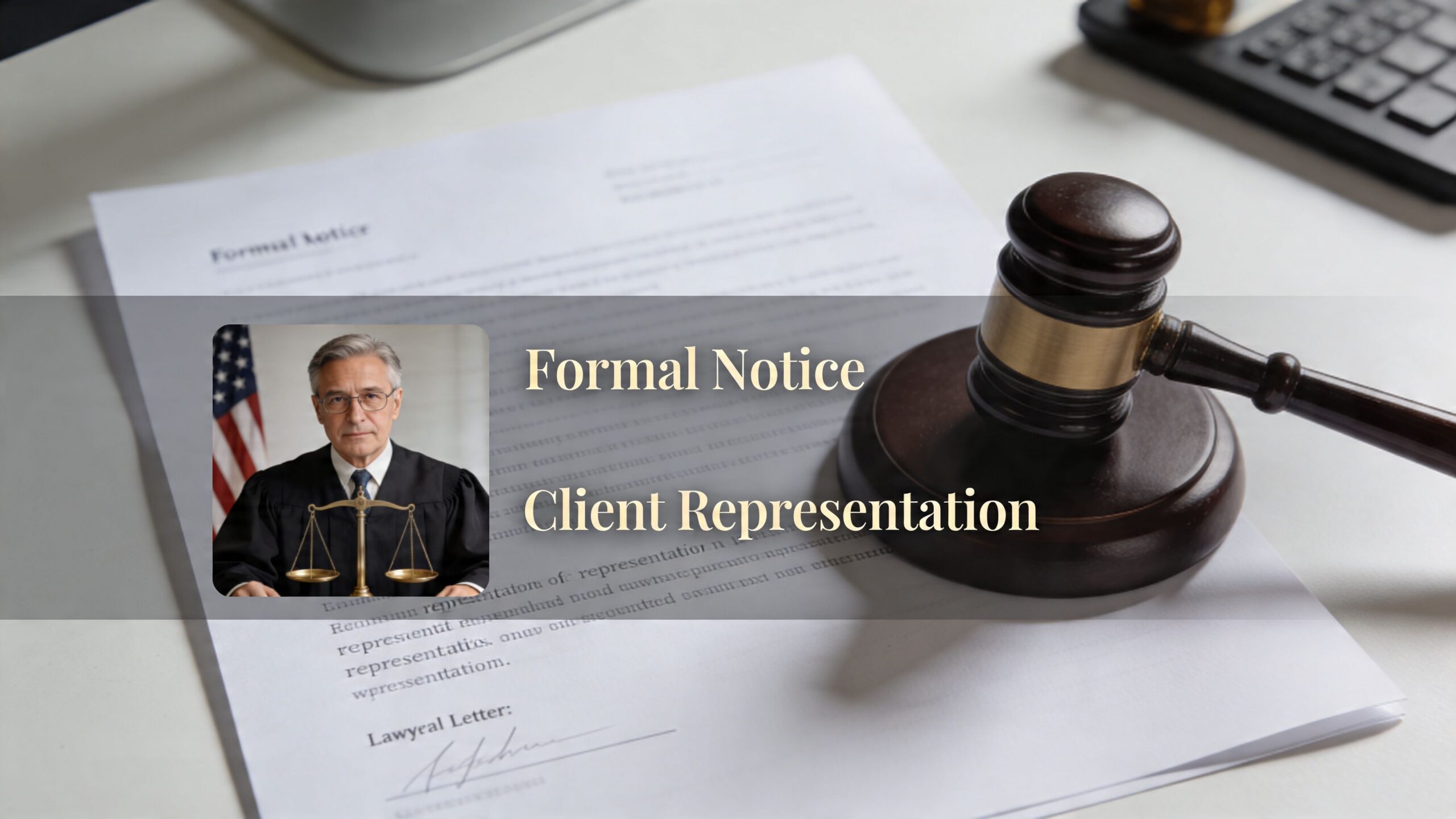 A gavel and a document featuring a judge with a scale of justice, representing legal representation.