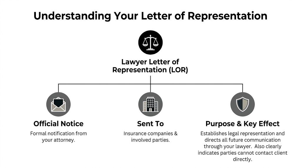 A diagram explaining the purpose, recipients, and key effects of a lawyer's letter of representation.