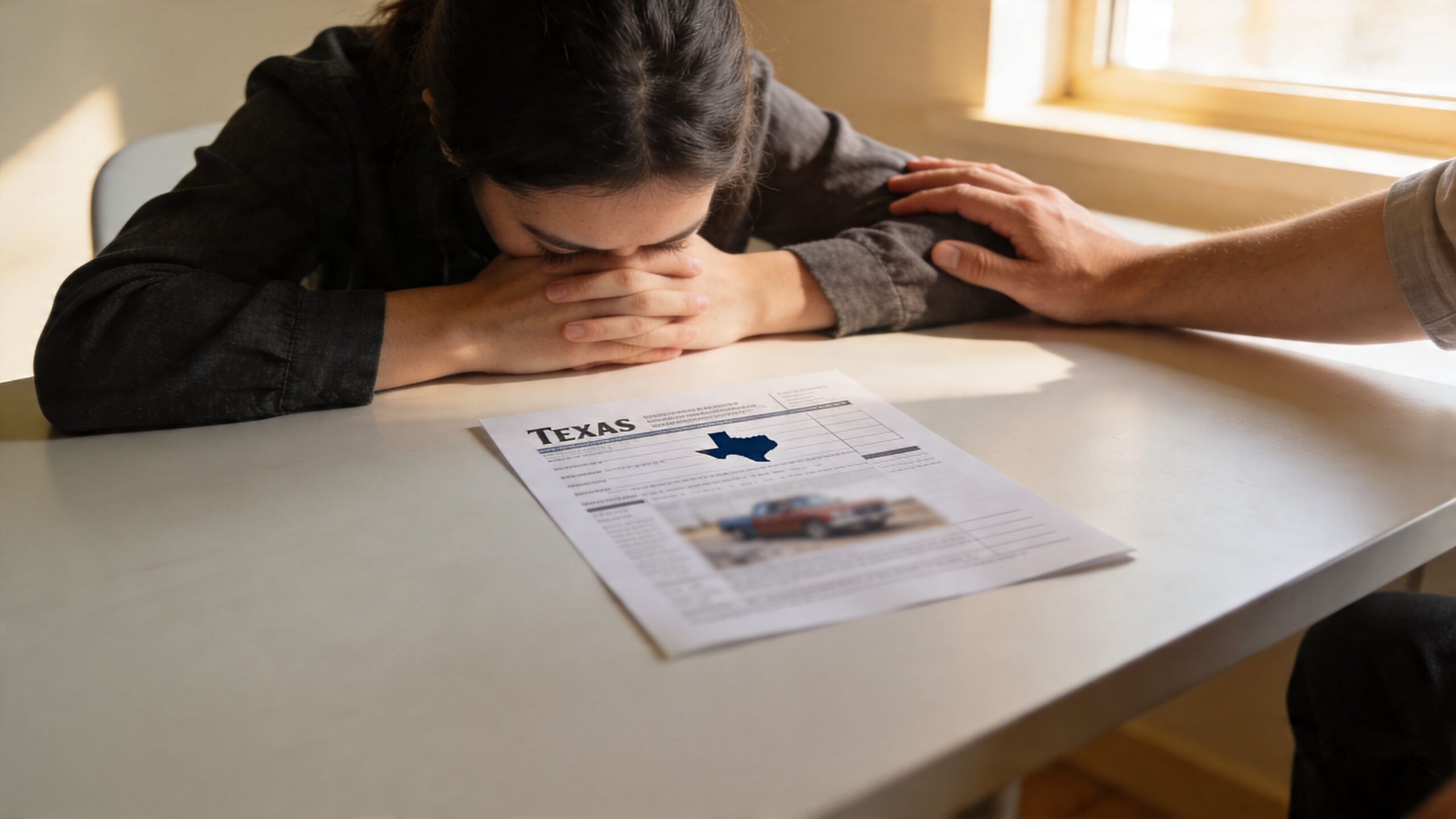 A grieving woman with head in hands receives support as she looks at a Texas legal document.