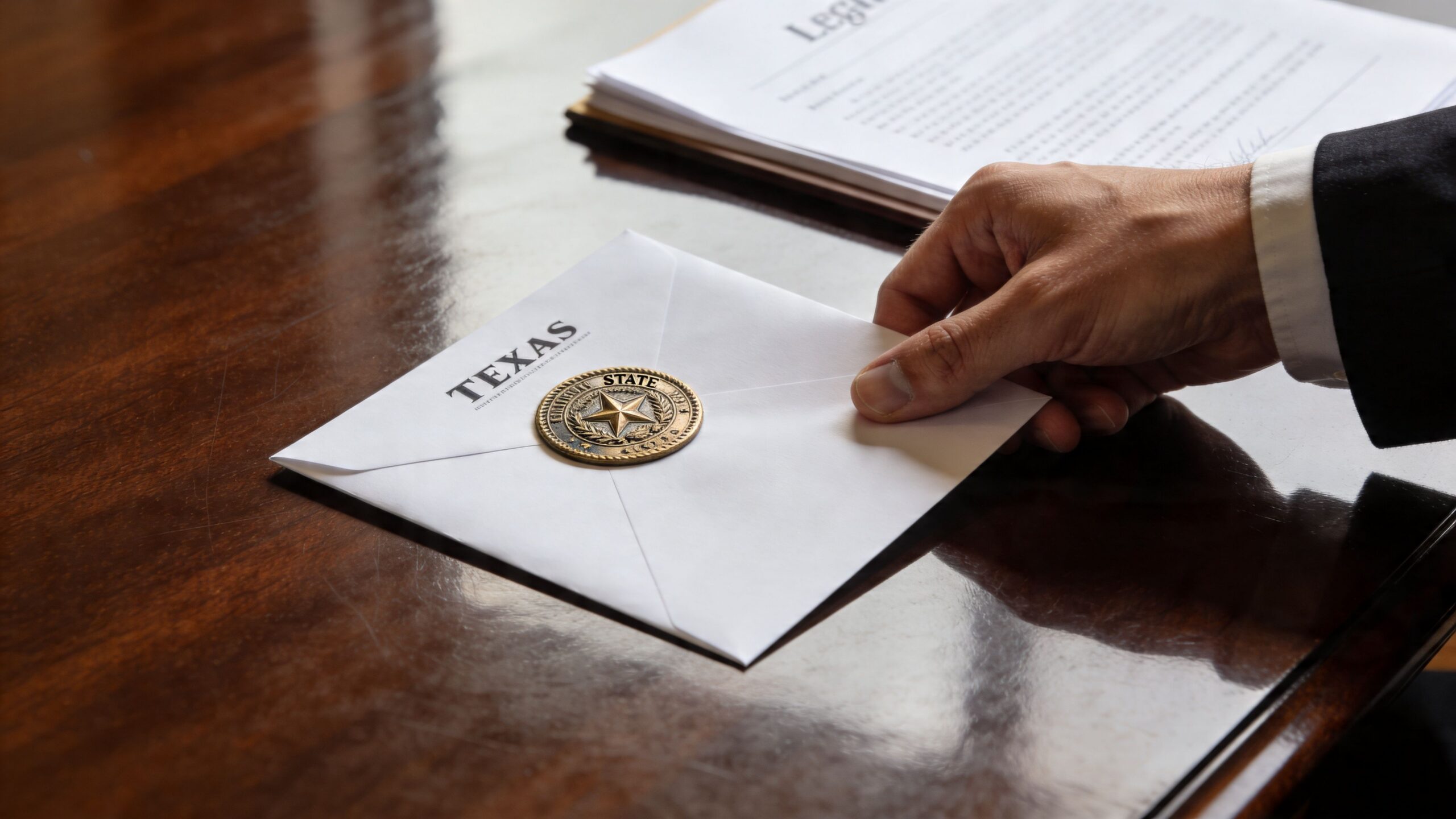 A professional hand placing a formal Texas state seal envelope on a dark wooden office desk.