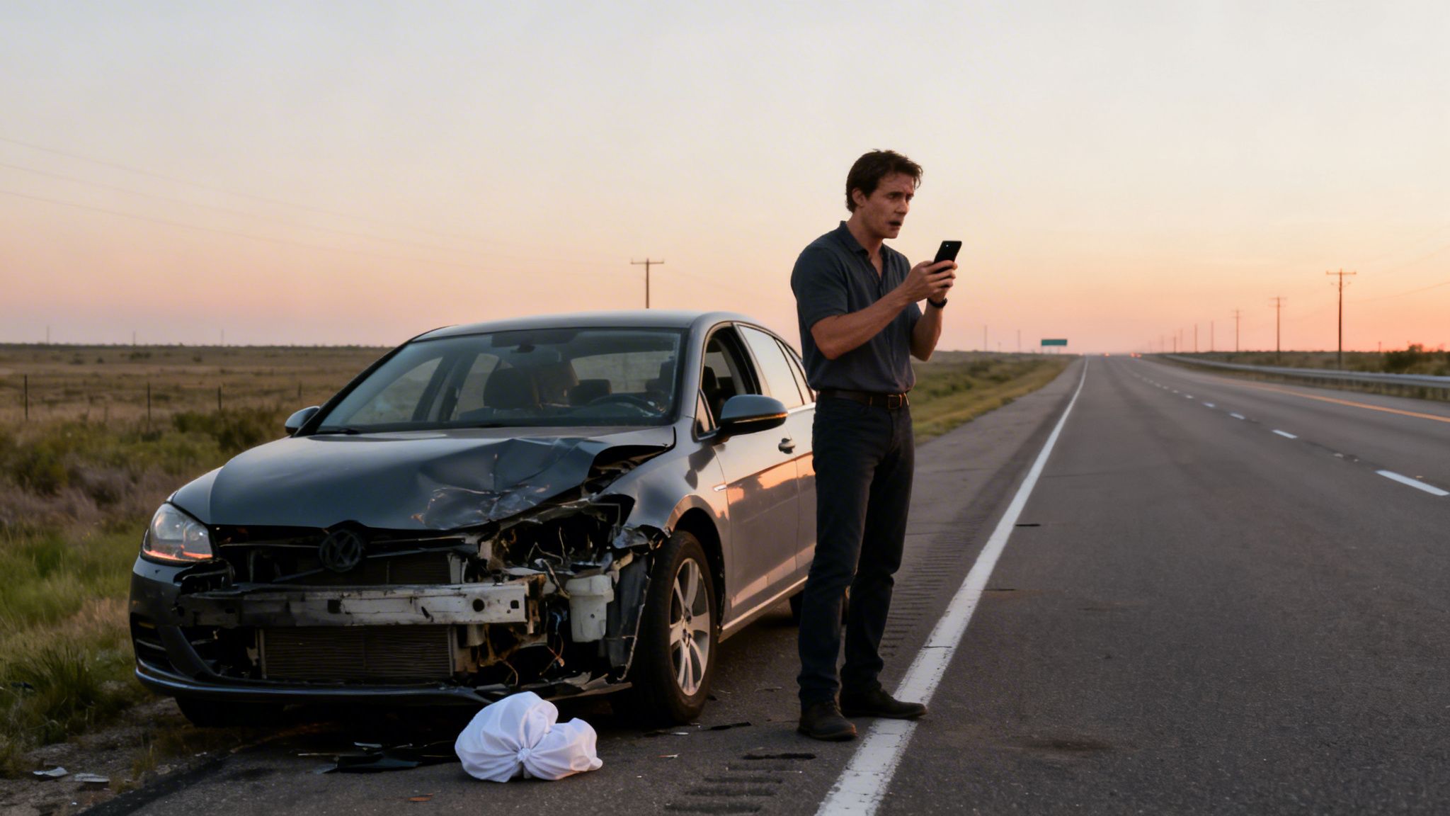 A man checks his phone next to a severely crashed gray car on a deserted highway at sunset.