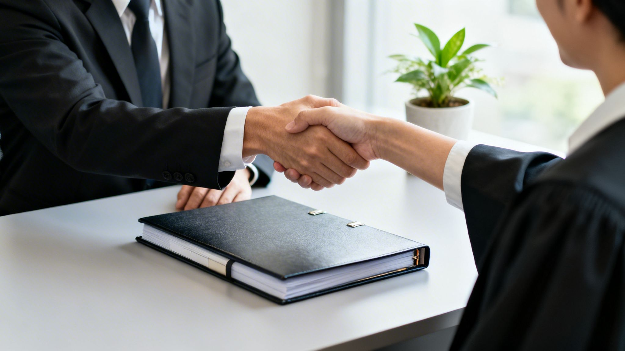 Two professionals, one in a suit, shaking hands across a desk with a black binder.