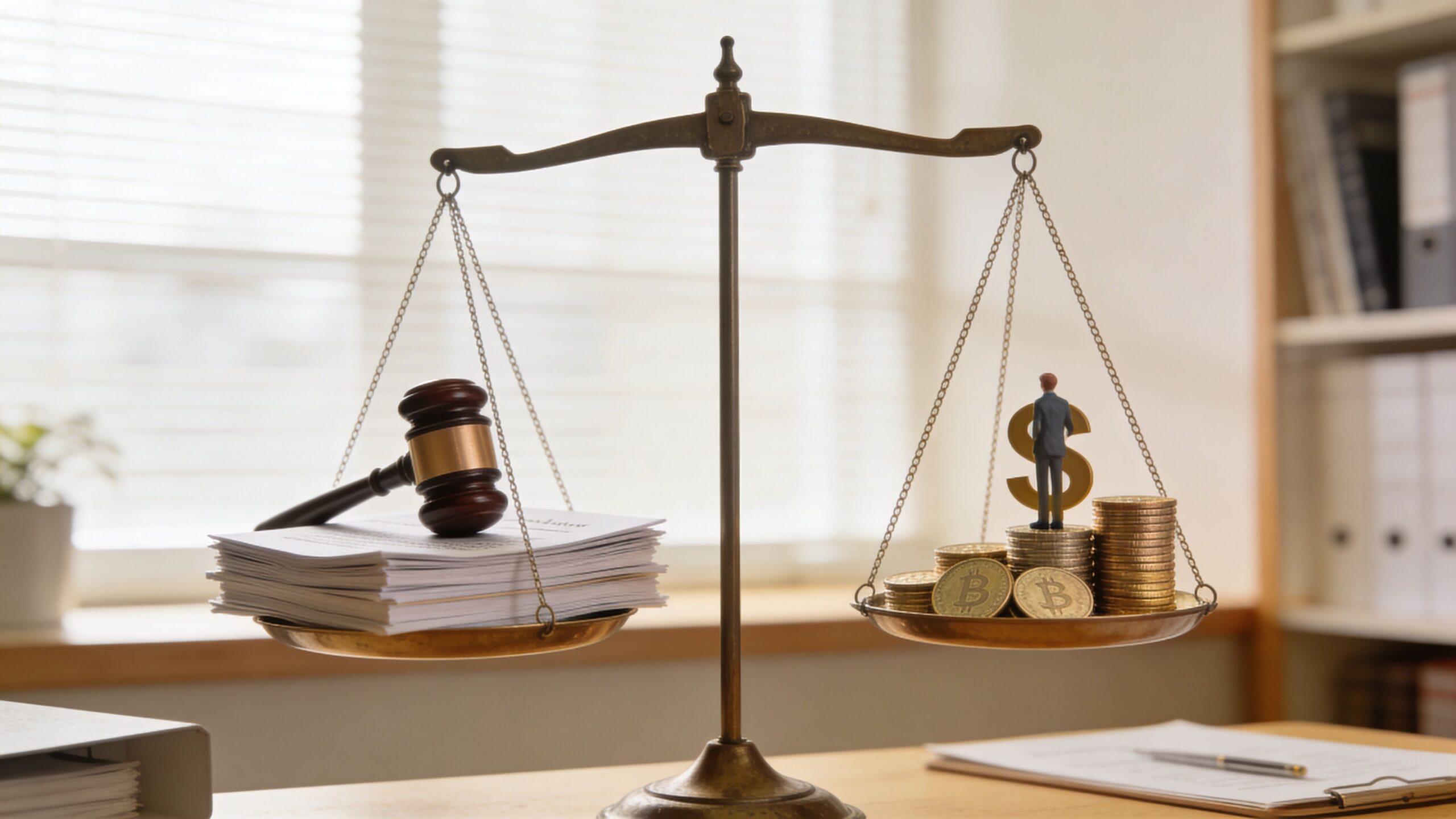 A scale of justice balancing a wooden gavel on legal documents against money and a miniature businessman.