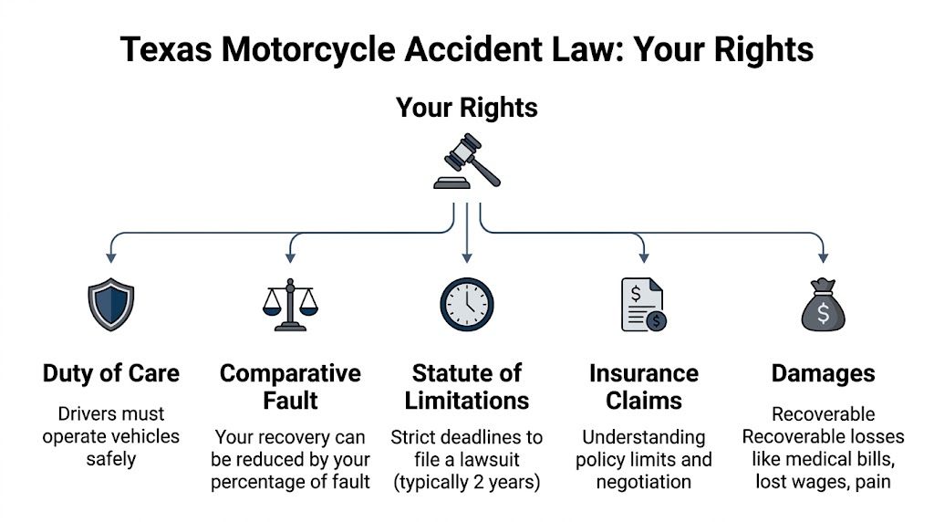 An infographic titled Texas Motorcycle Accident Law explaining rights including duty of care, fault, limitations, and damages.