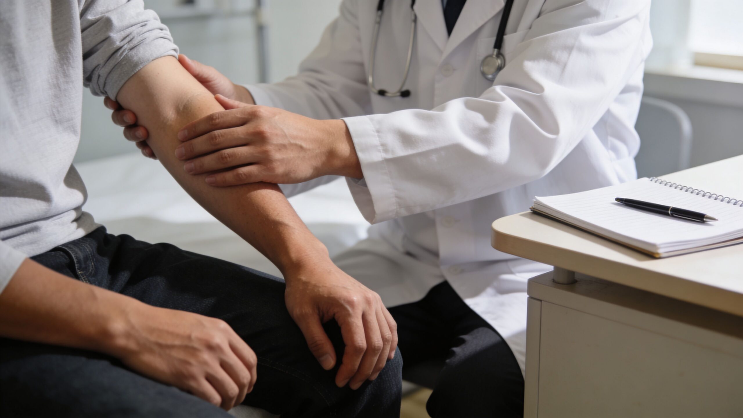 A doctor in a white coat examines a patient's arm during a medical consultation.