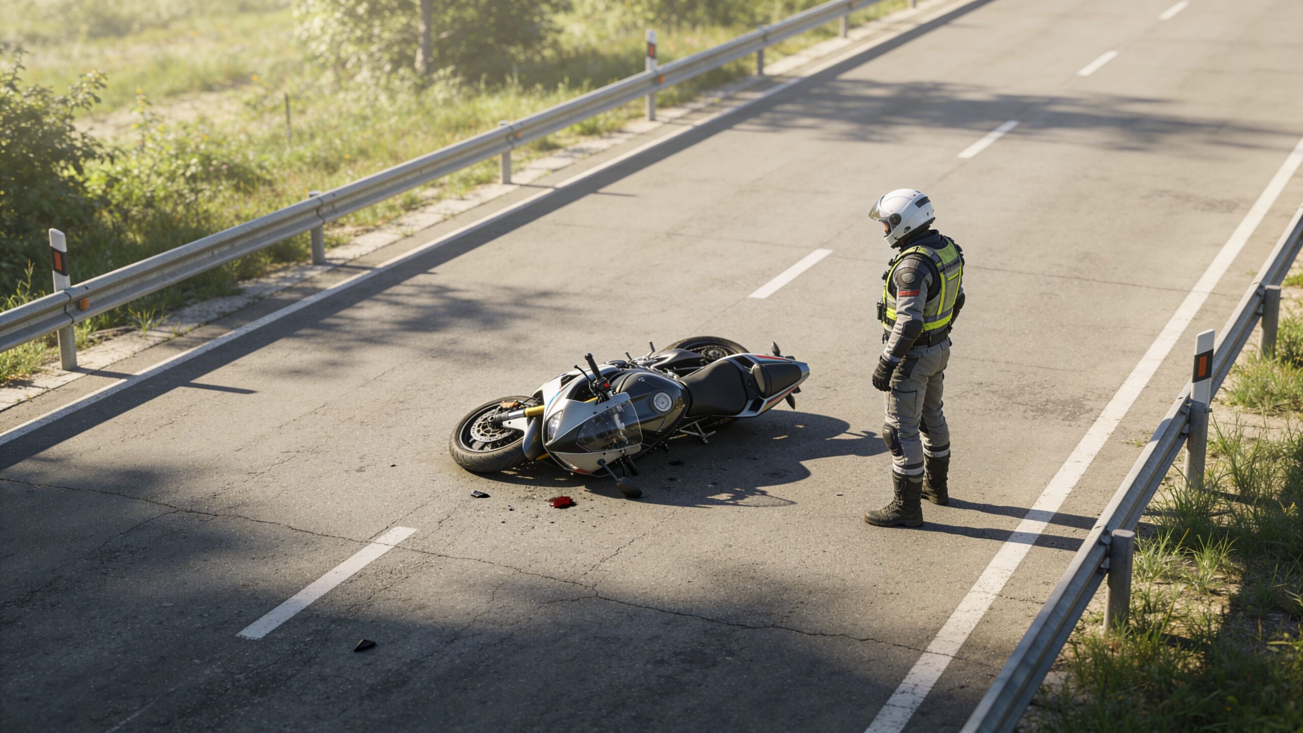 A motorcyclist in safety gear stands next to their fallen motorcycle on a paved rural road.