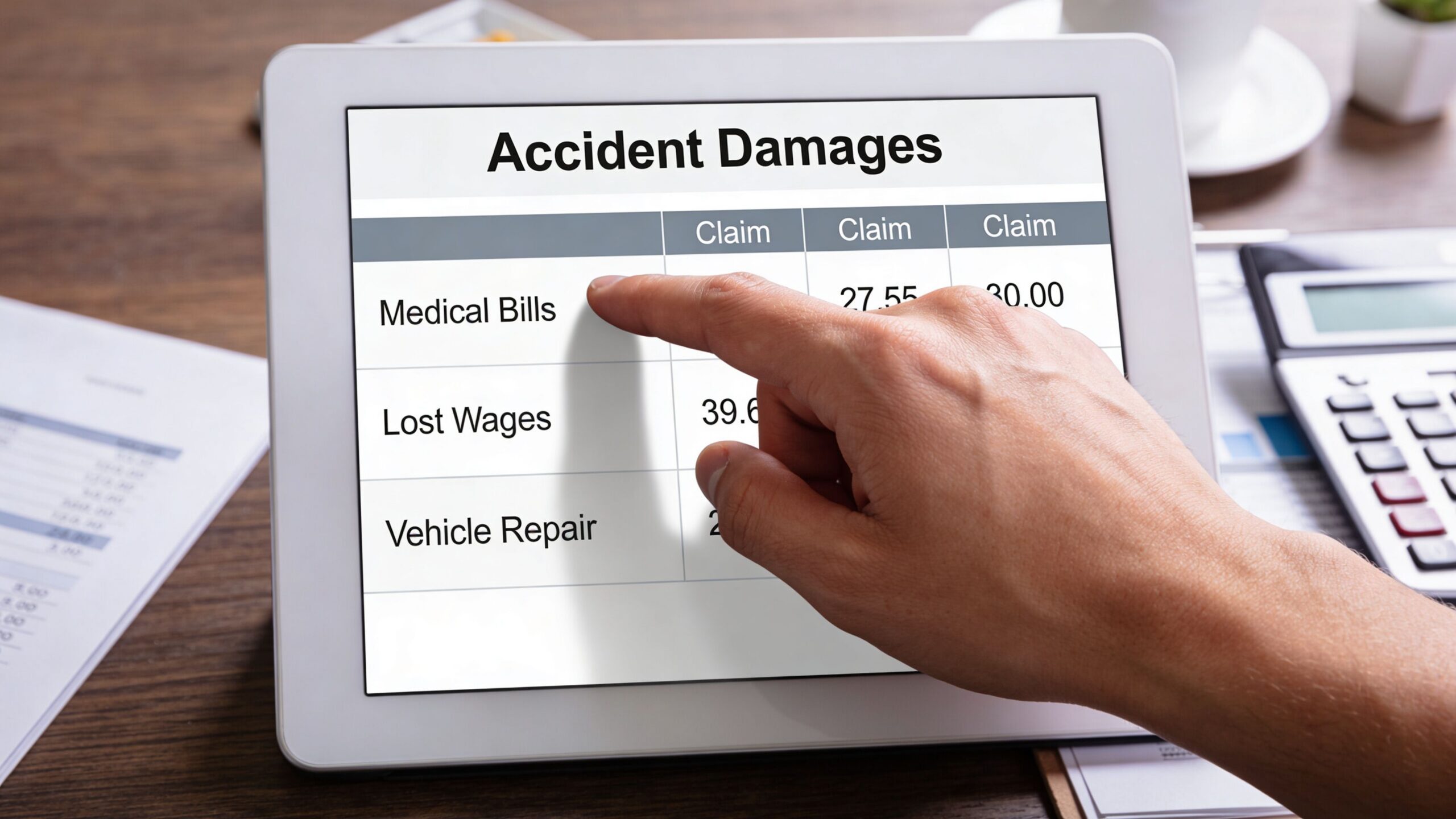 A person pointing at an accident damages chart displayed on a digital tablet screen.
