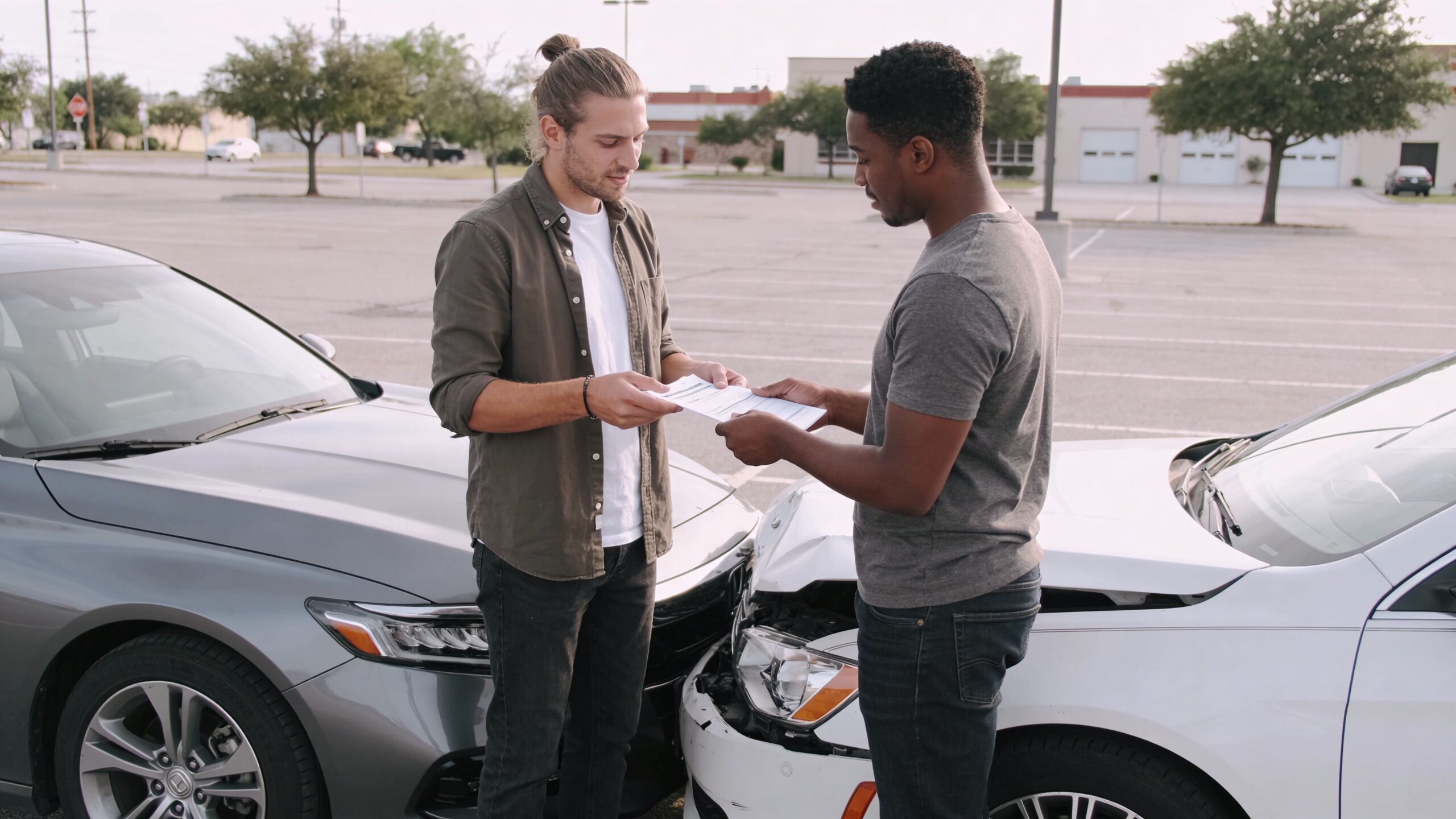 Two drivers exchanging insurance information after a minor vehicle collision in a parking lot.