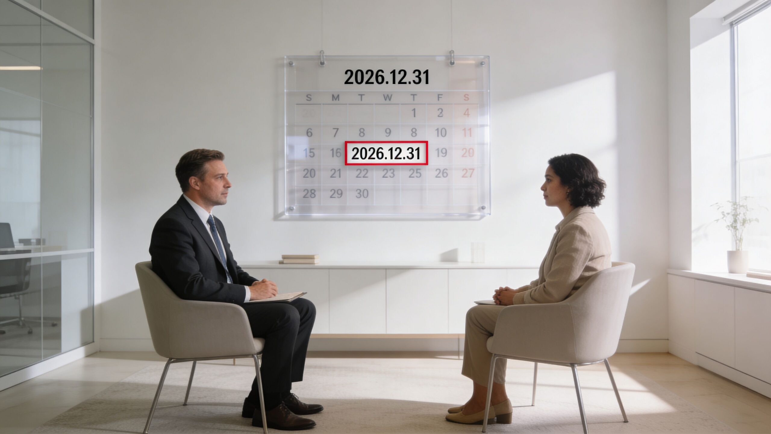 A professional lawyer consults with a female client in a modern office with a wall calendar.