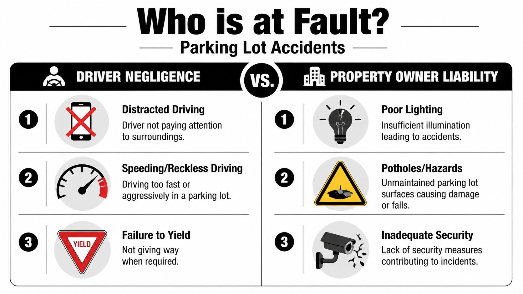 An infographic comparing driver negligence and property owner liability causes for accidents occurring in parking lots.